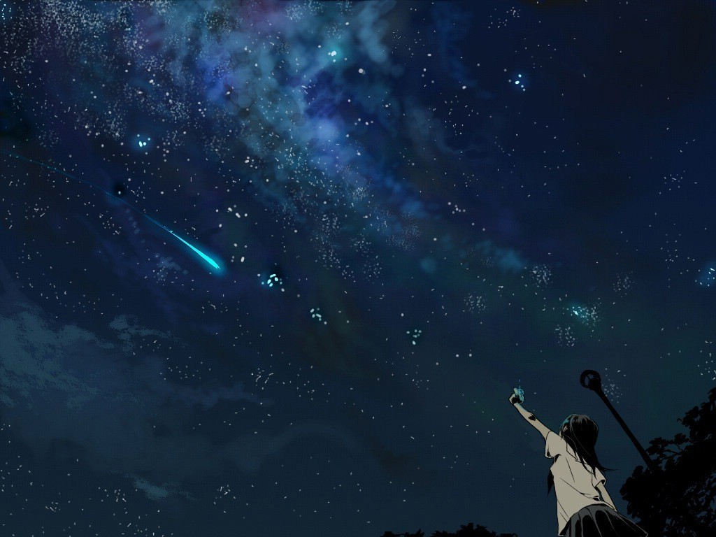 Anime girl reaching for shooting stars in the night sky HD Wallpaper