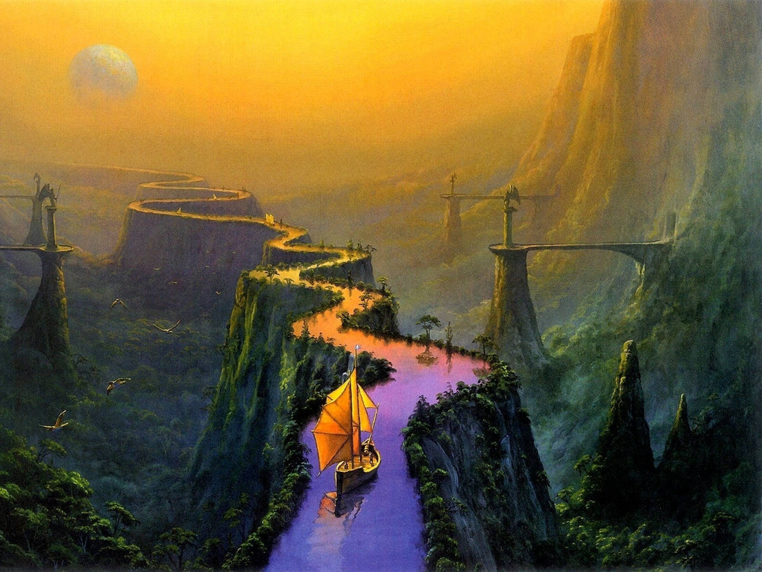Fantasy river boat sailing through mountains HD Wallpaper