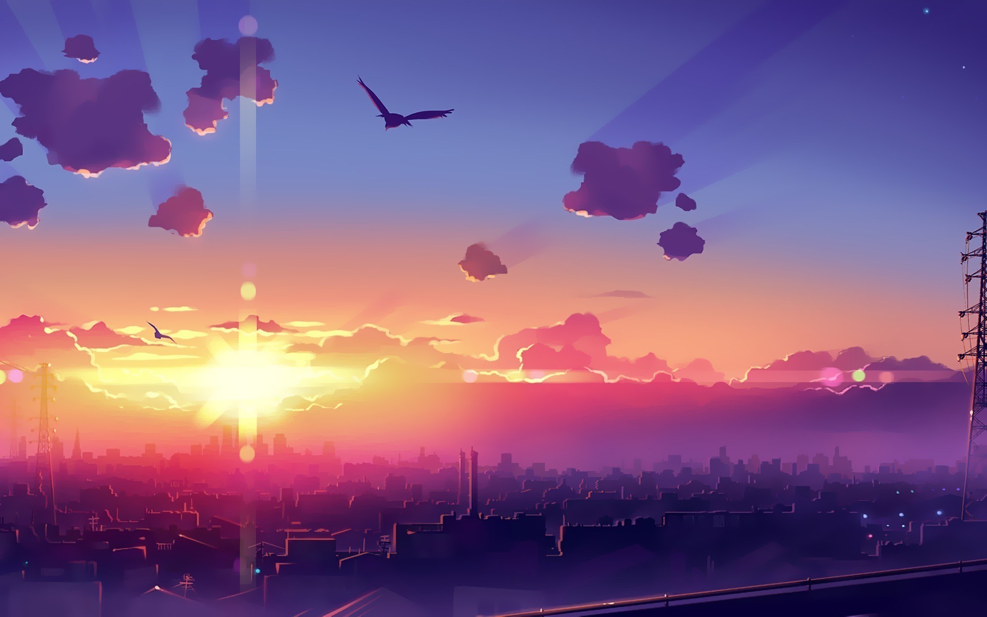 Anime city skyline at sunset with birds HD Wallpaper
