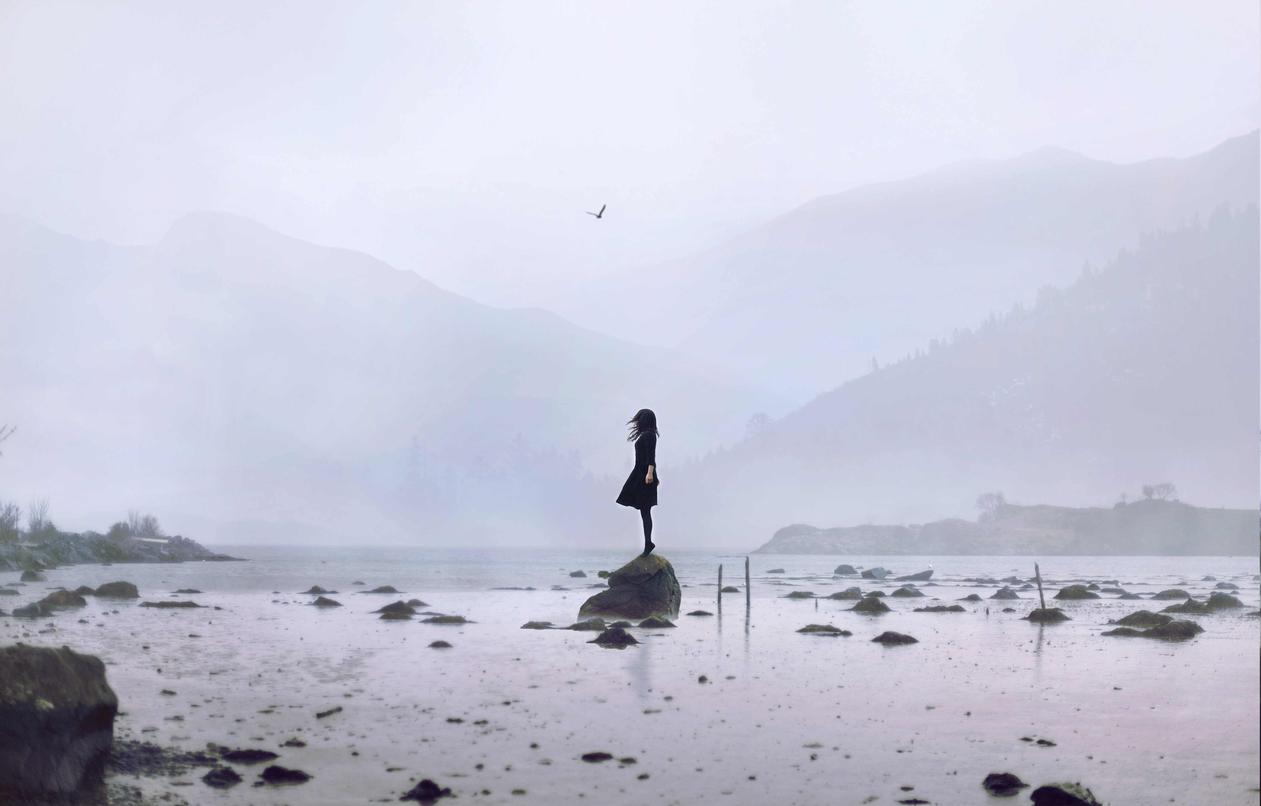 Woman standing on rock in foggy landscape HD Wallpaper