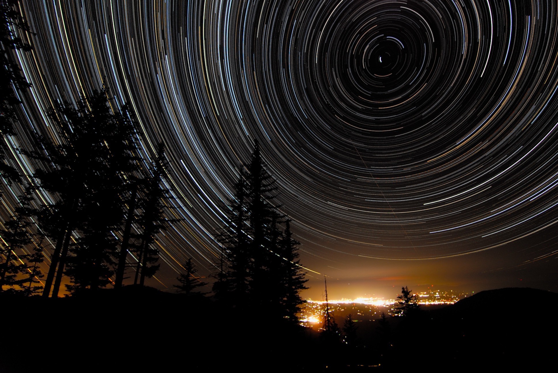 Star trails over a city at night with trees HD Wallpaper