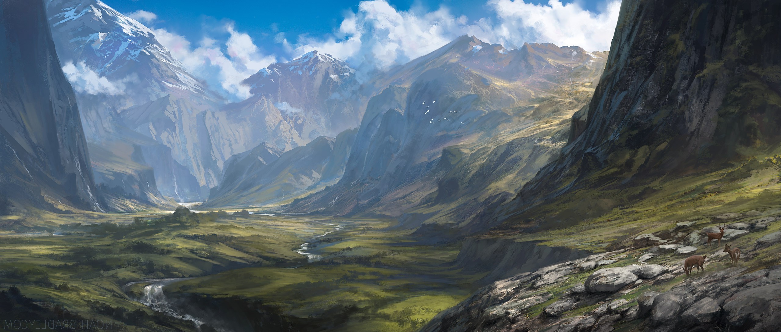 Mountain valley landscape painting with deer and river HD Wallpaper