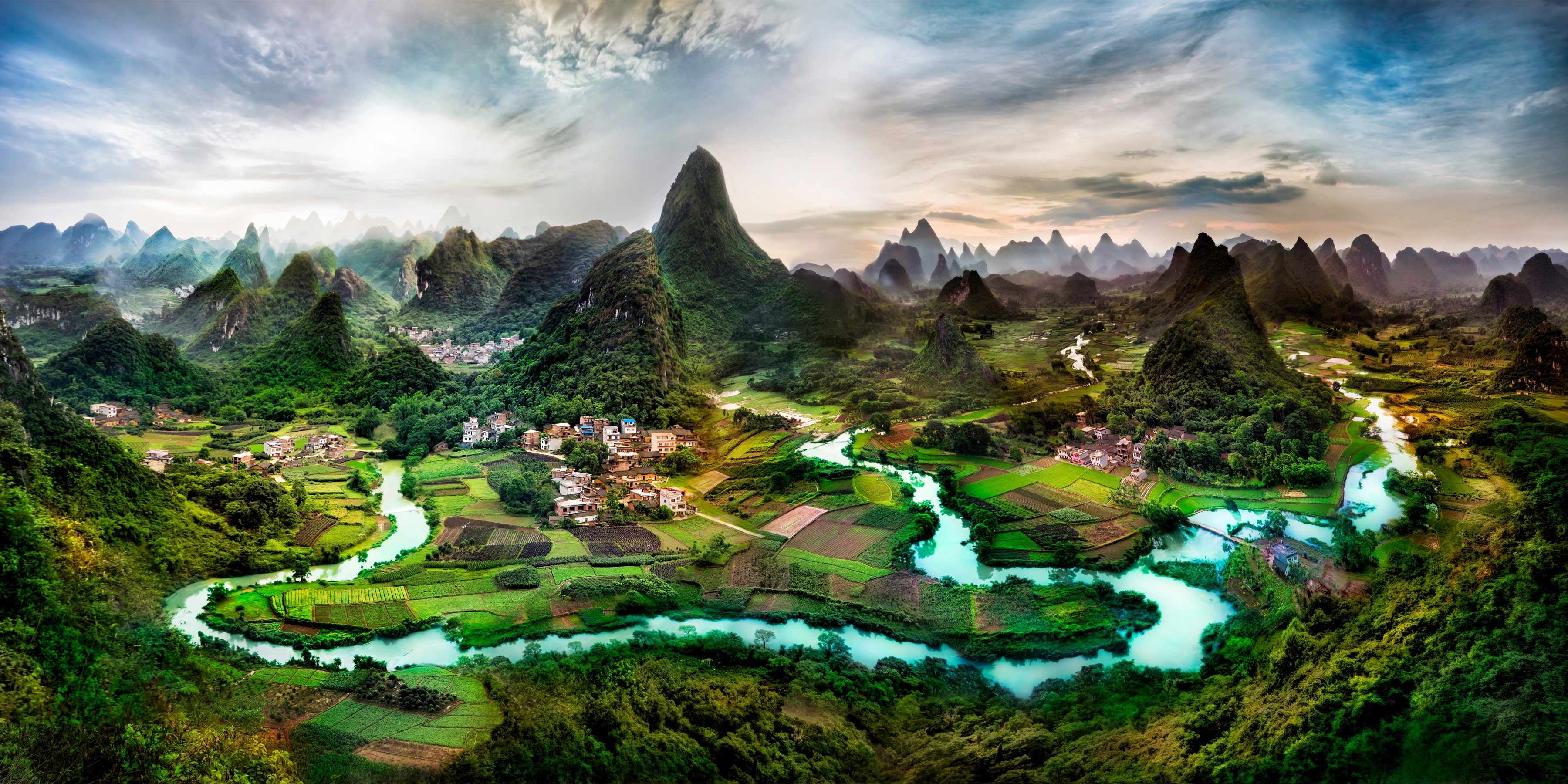 Karst landscape with river and villages in China HD Wallpaper