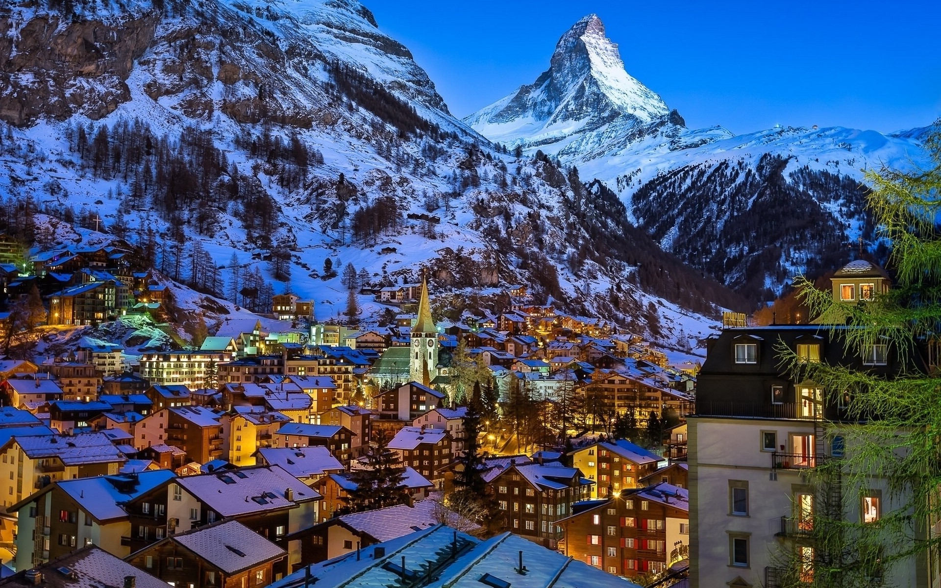 Zermatt village at dusk with Matterhorn mountain HD Wallpaper