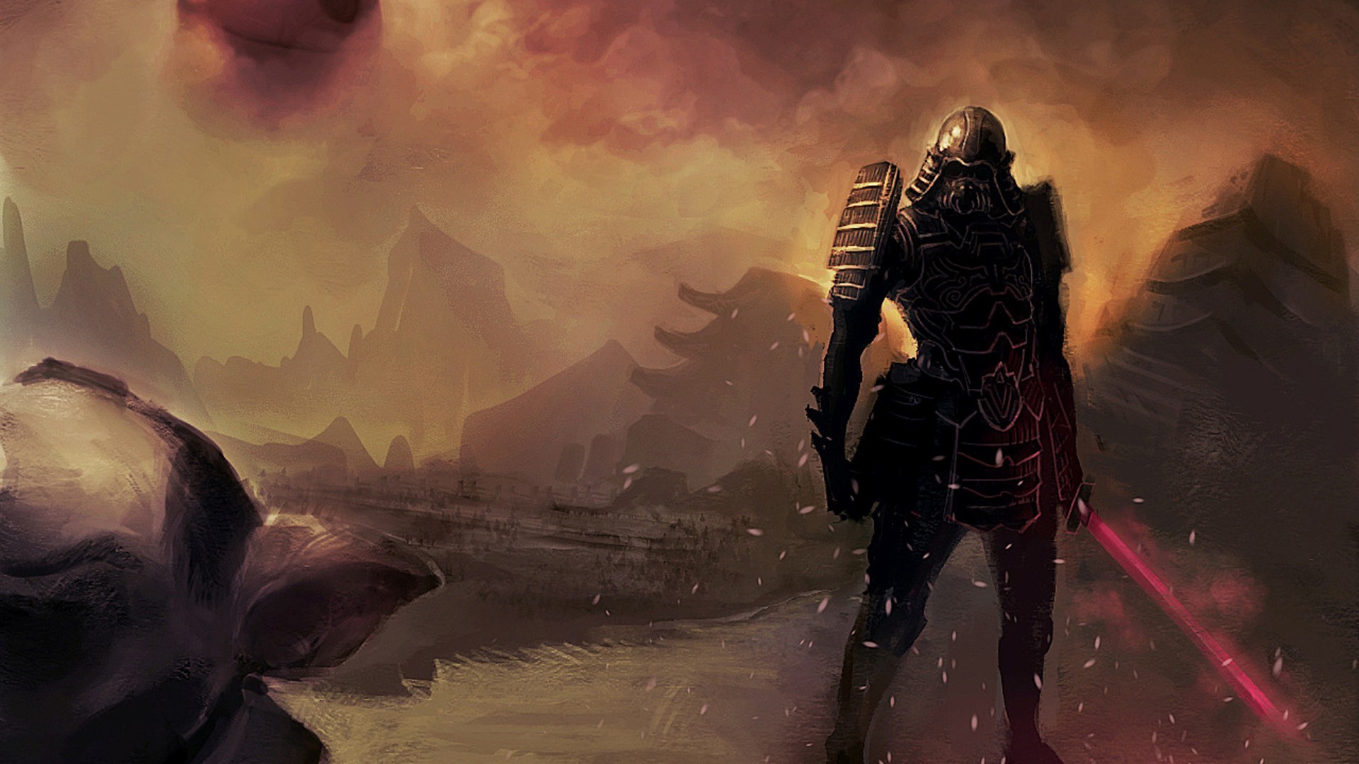 Samurai with red lightsaber in a fantasy landscape HD Wallpaper