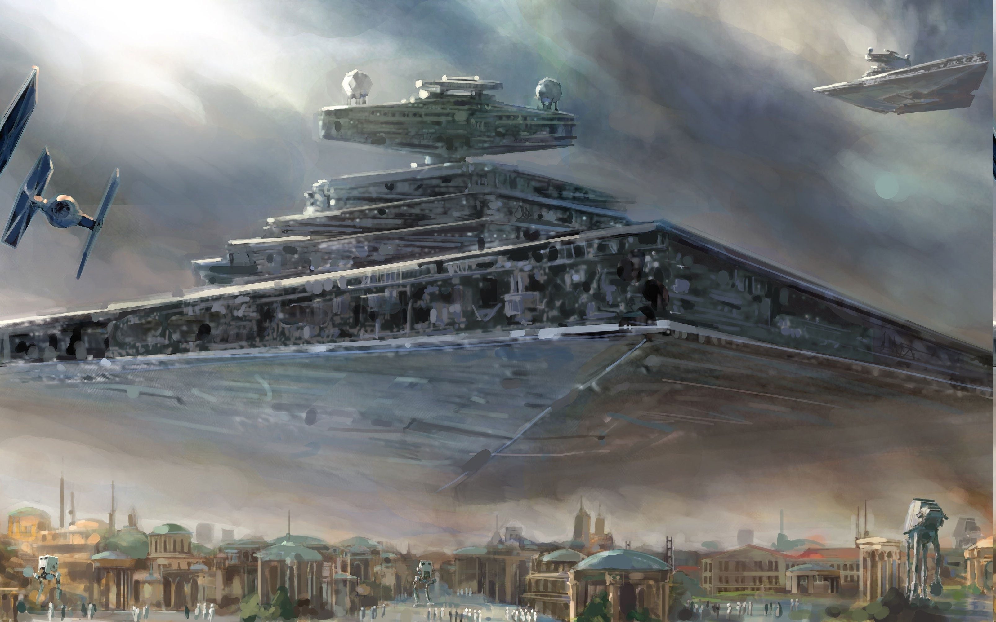 Star Wars Star Destroyer and TIE Fighters over City HD Wallpaper