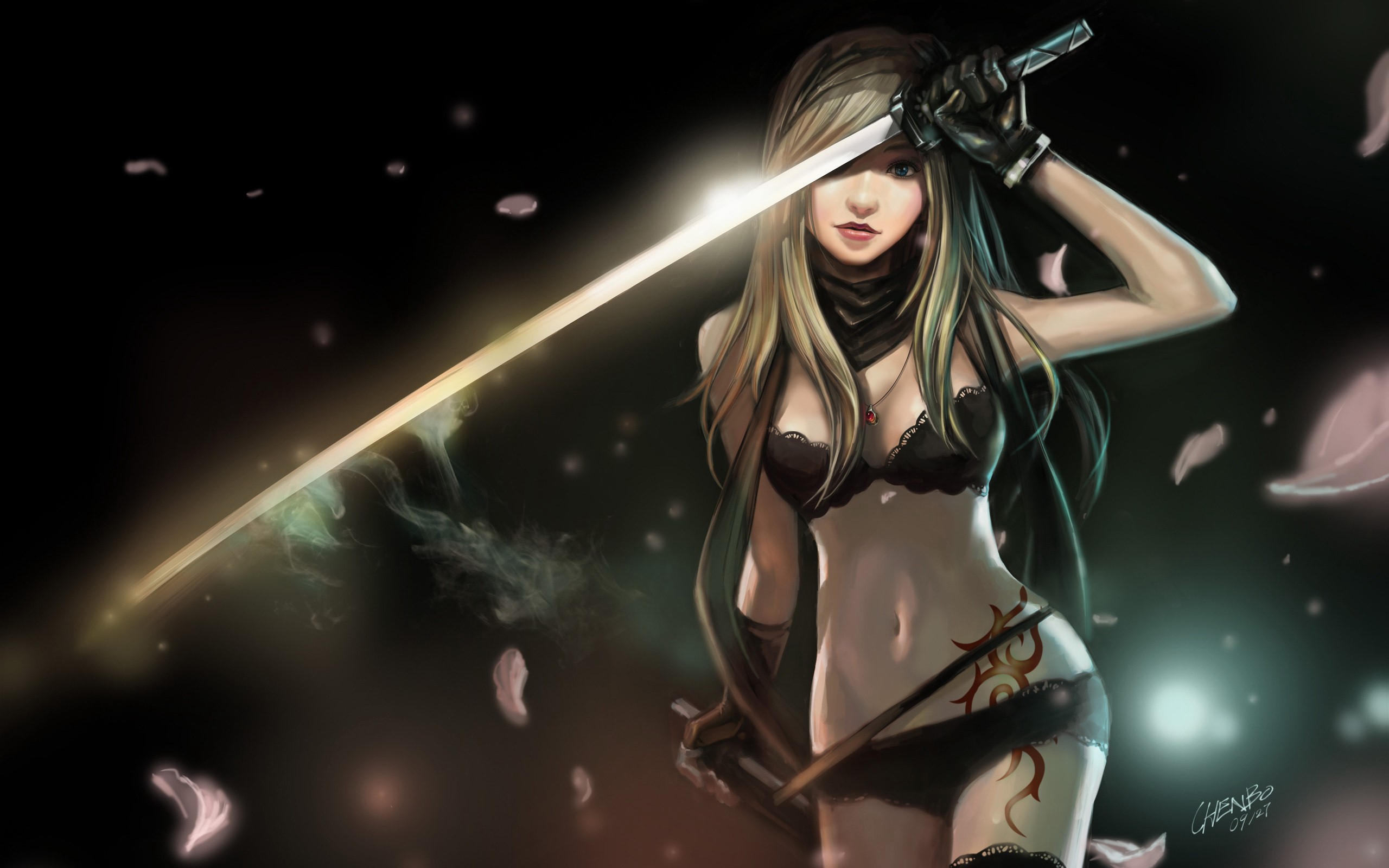 Anime girl with katana and glowing sword HD Wallpaper