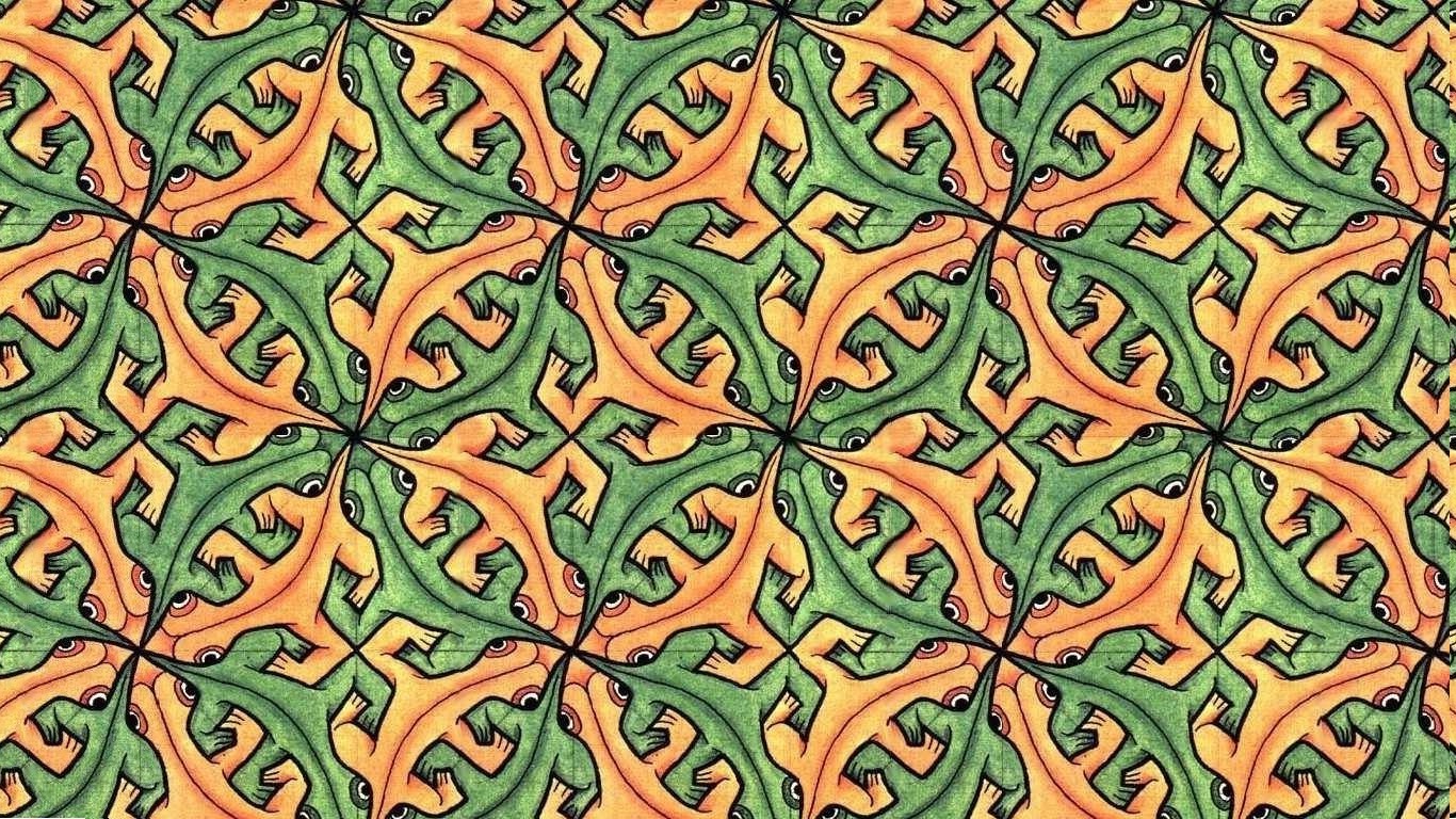 M.C. Escher tiling artwork with green and orange lizards HD Wallpaper