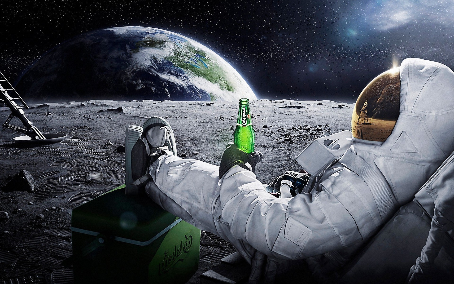 Astronaut drinking Carlsberg beer on the Moon with Earth in background HD Wallpaper