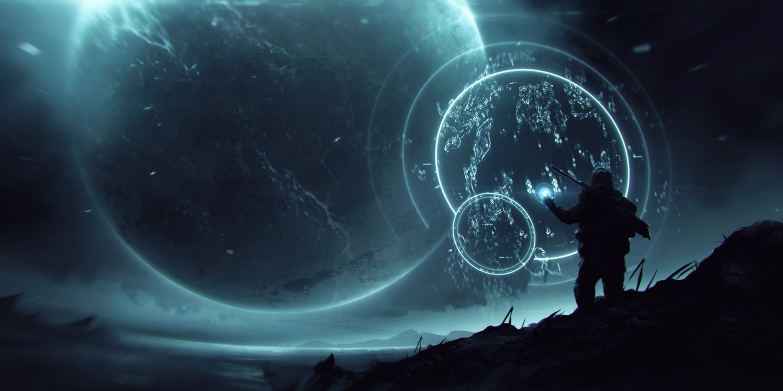 Soldier with futuristic map and planets HD Wallpaper