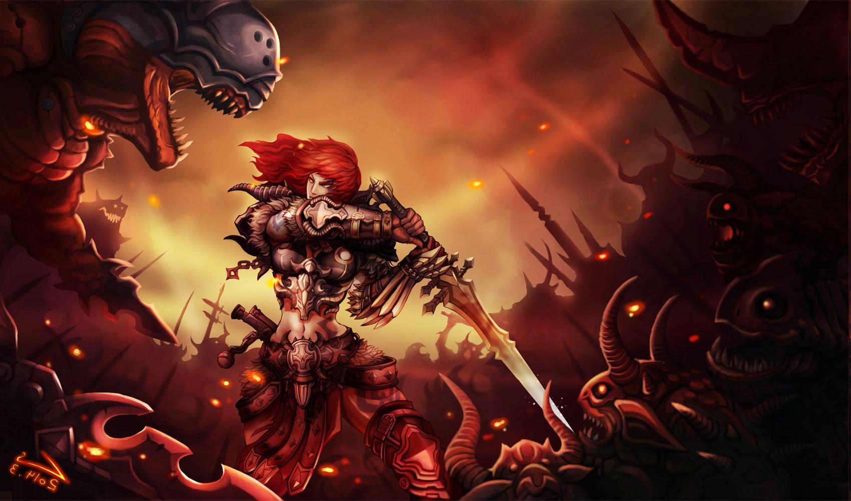 Warrior woman fighting demons with a sword HD Wallpaper