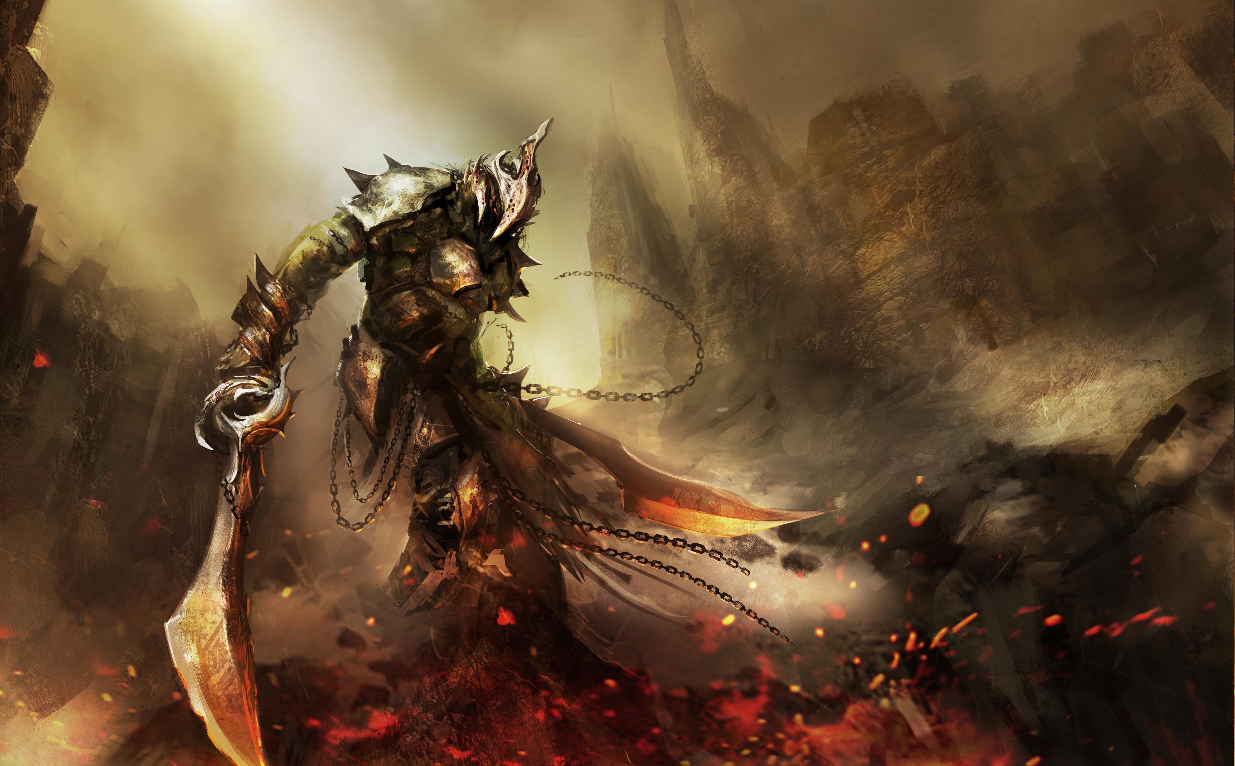 Fantasy warrior with sword in fiery landscape HD Wallpaper