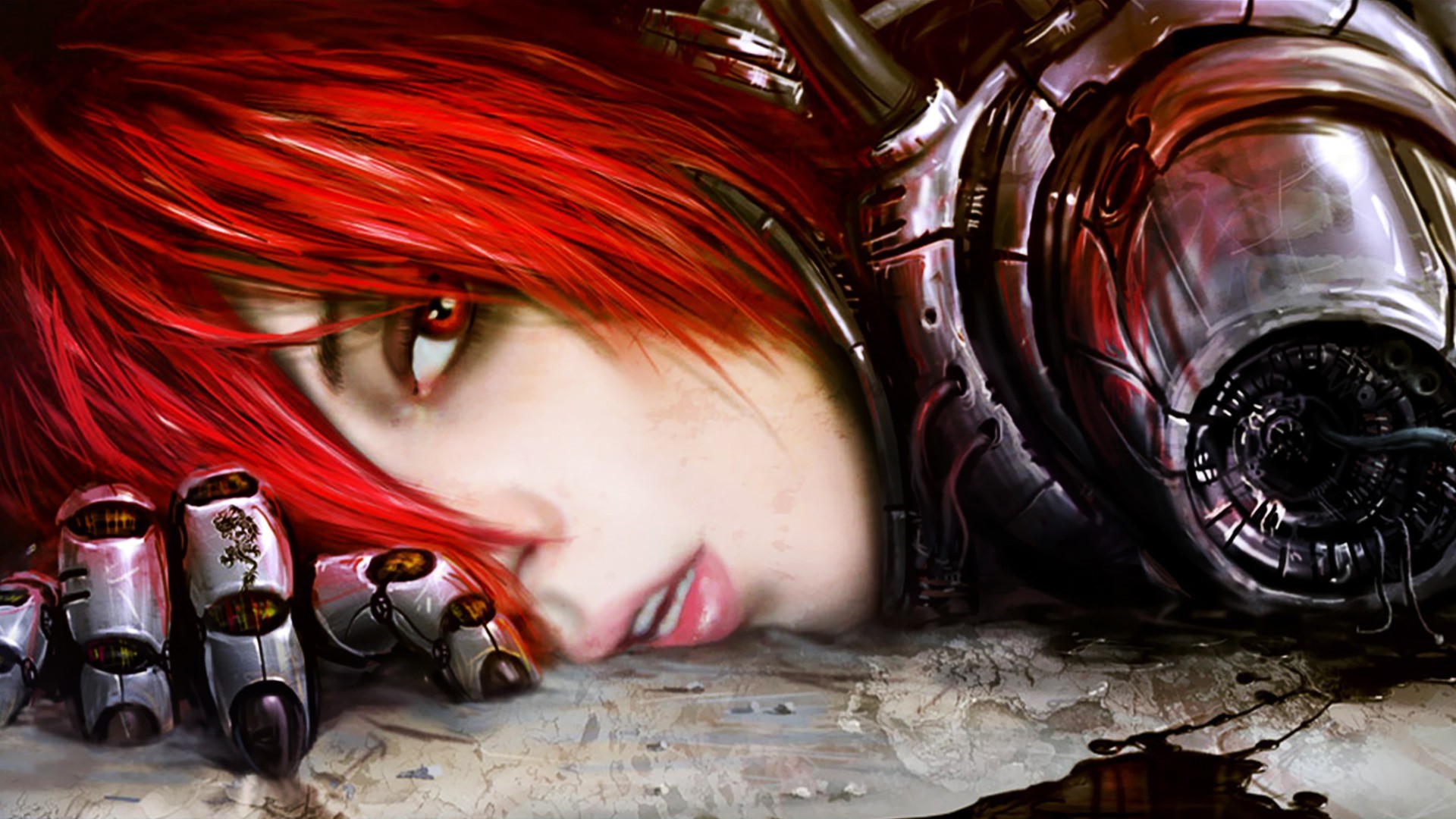 Cyborg woman with red hair and mechanical arm HD Wallpaper
