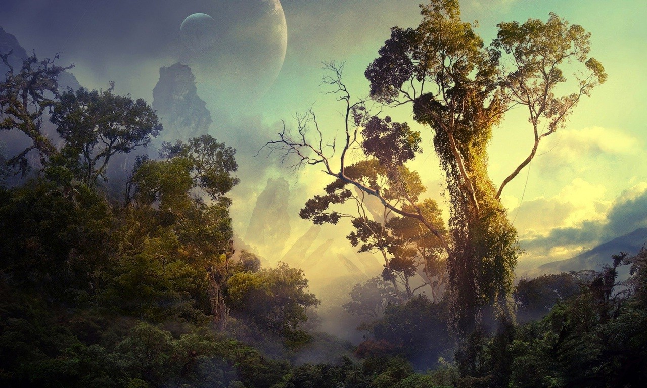 Fantasy Jungle with Distant Planets and Tall Trees HD Wallpaper