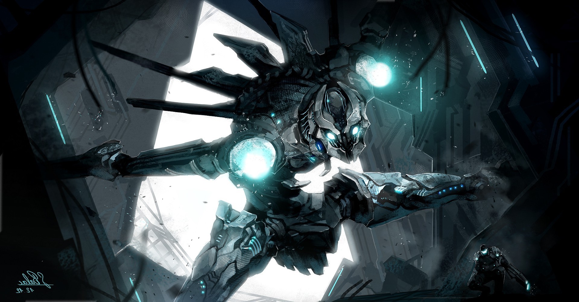 Futuristic cyborg warrior in a destroyed environment HD Wallpaper
