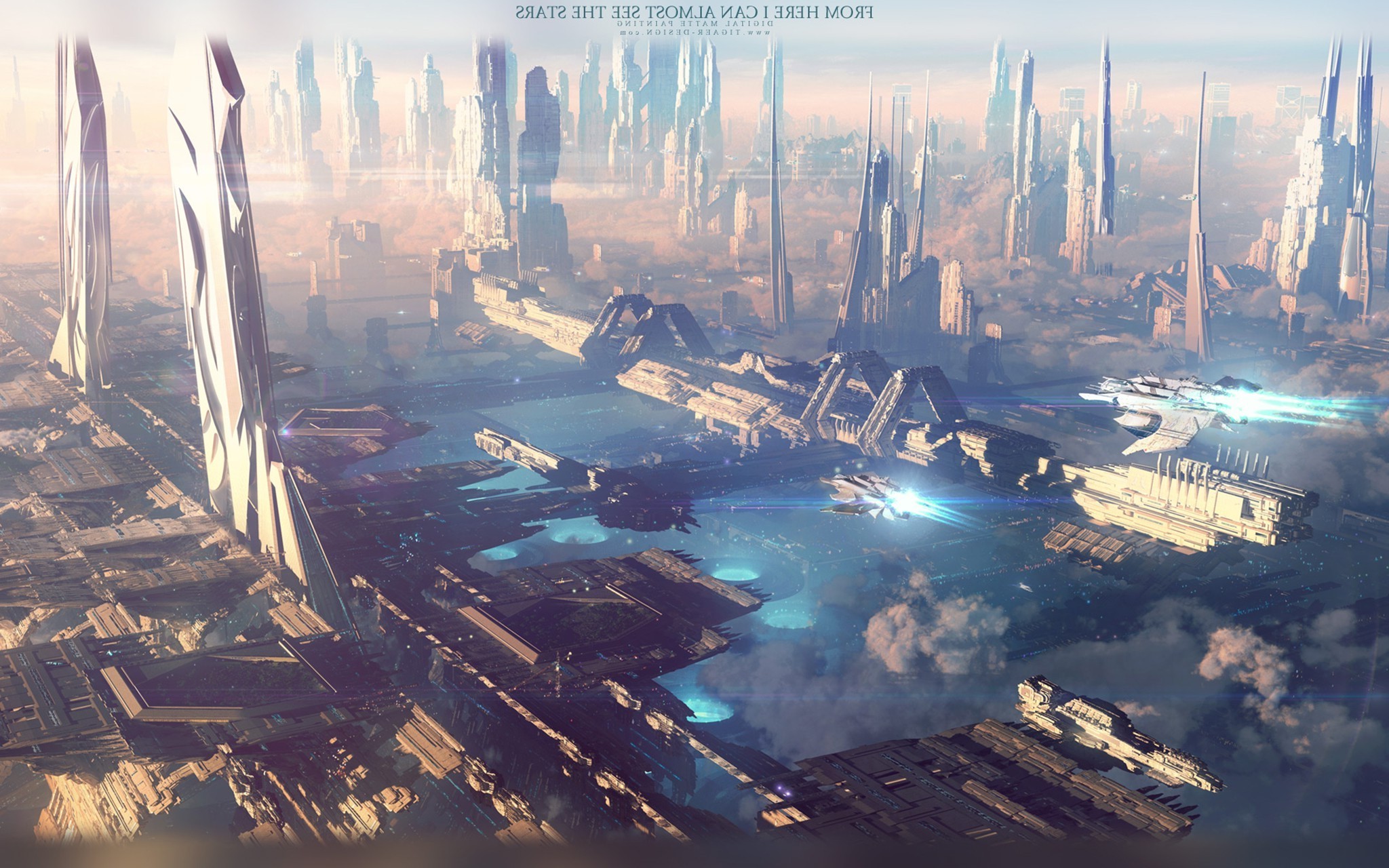 Futuristic city with flying vehicles and towering skyscrapers HD Wallpaper