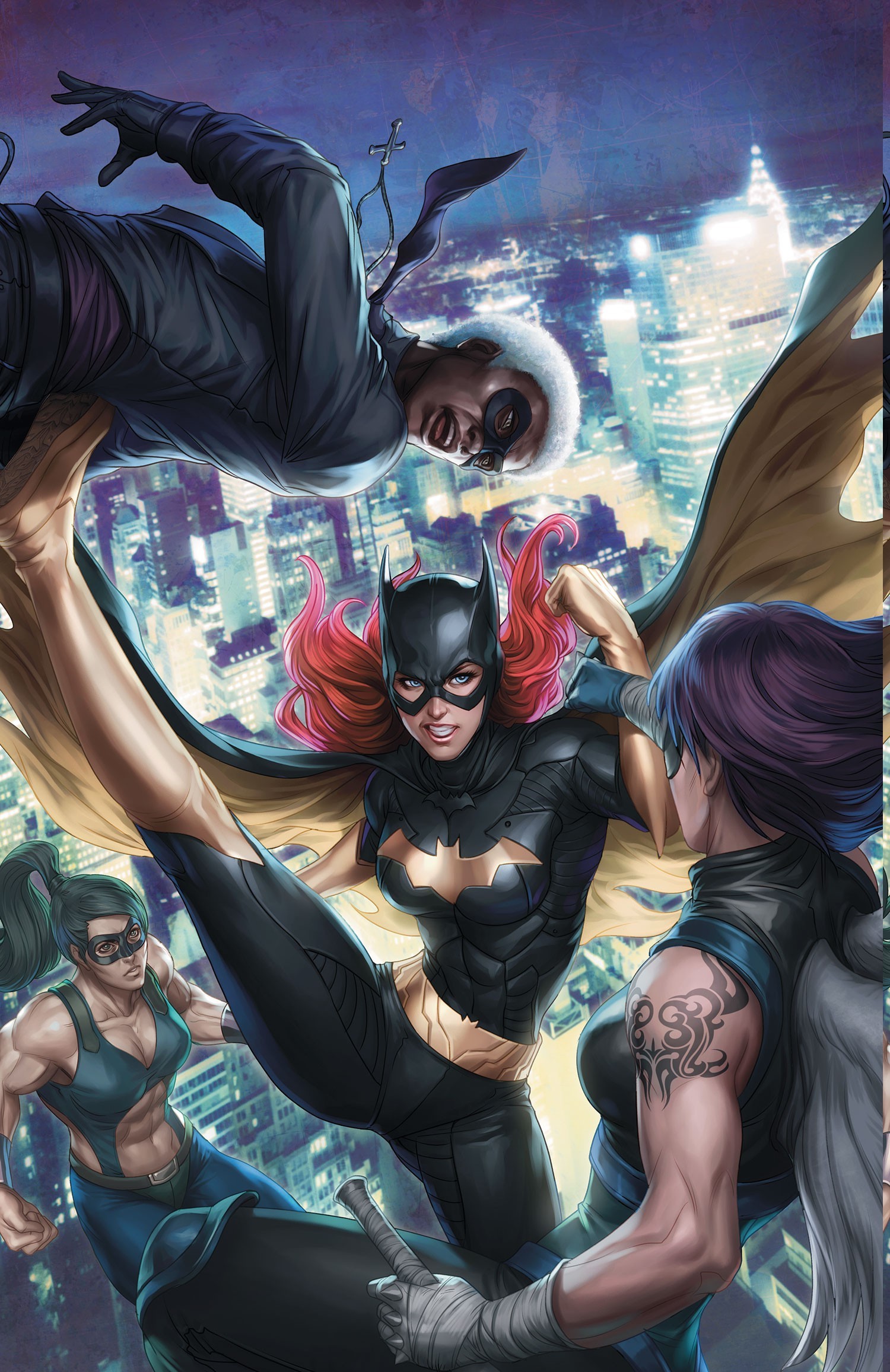 Batgirl and allies fighting villains over a city HD Wallpaper