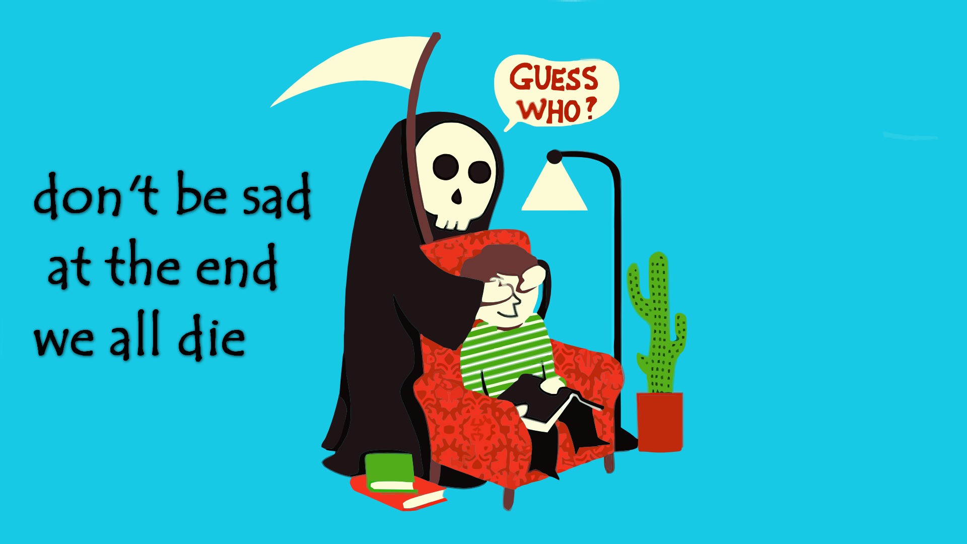 Death comforts a person reading a book HD Wallpaper
