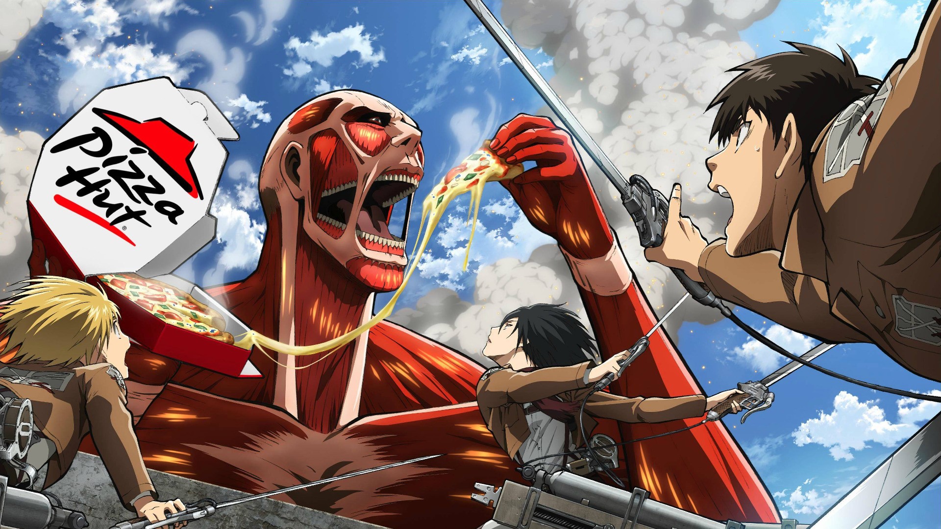 Attack on Titan characters with Pizza Hut pizza HD Wallpaper