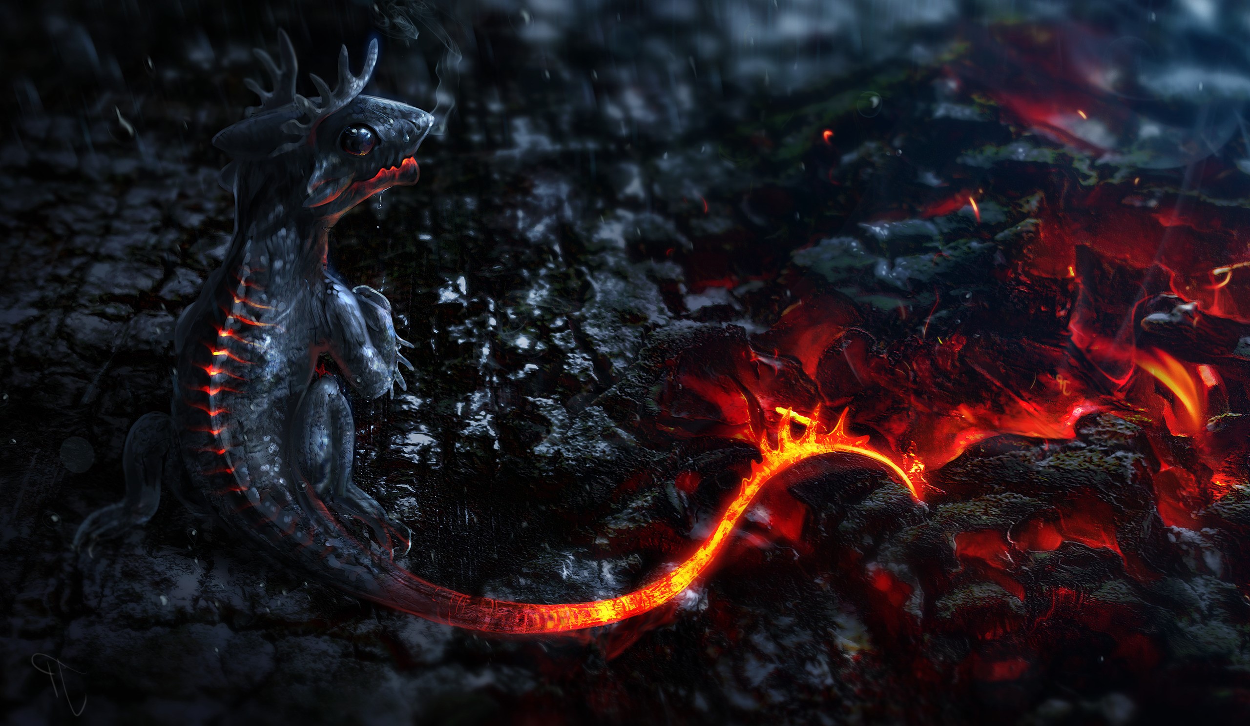 Creature with glowing spine near magma HD Wallpaper