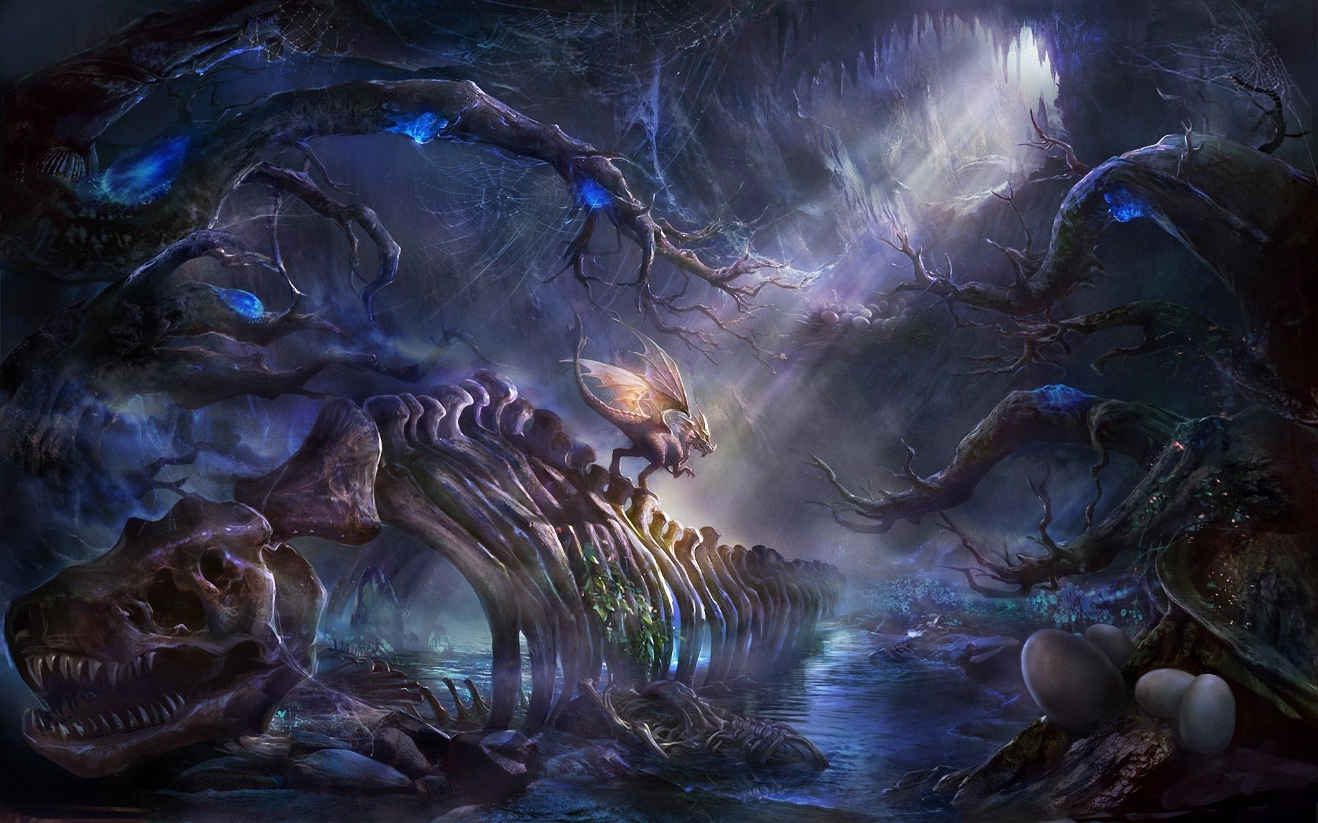Fantasy art of a dragon on giant bones HD Wallpaper