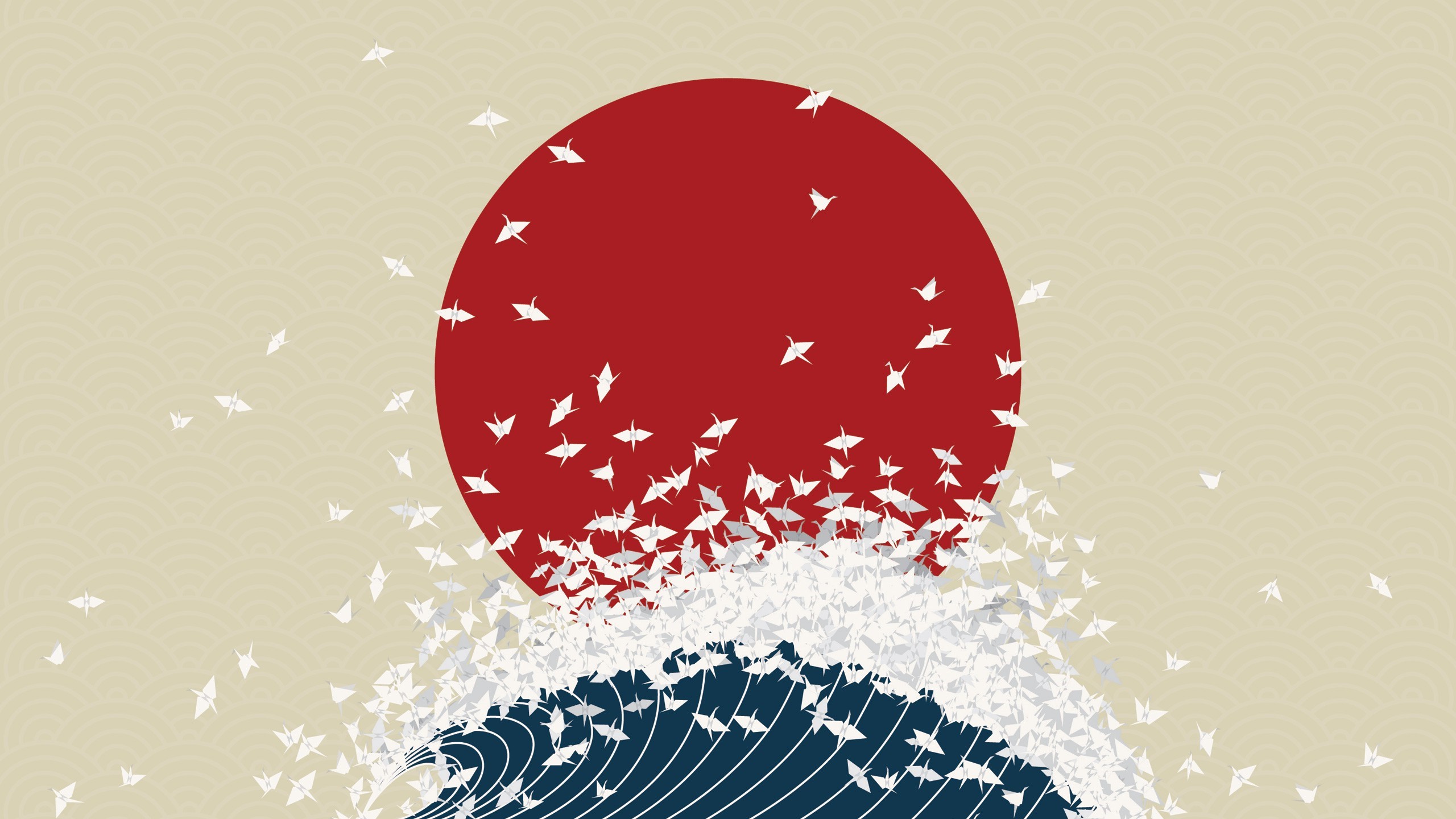 Origami cranes flying over waves with a red sun HD Wallpaper
