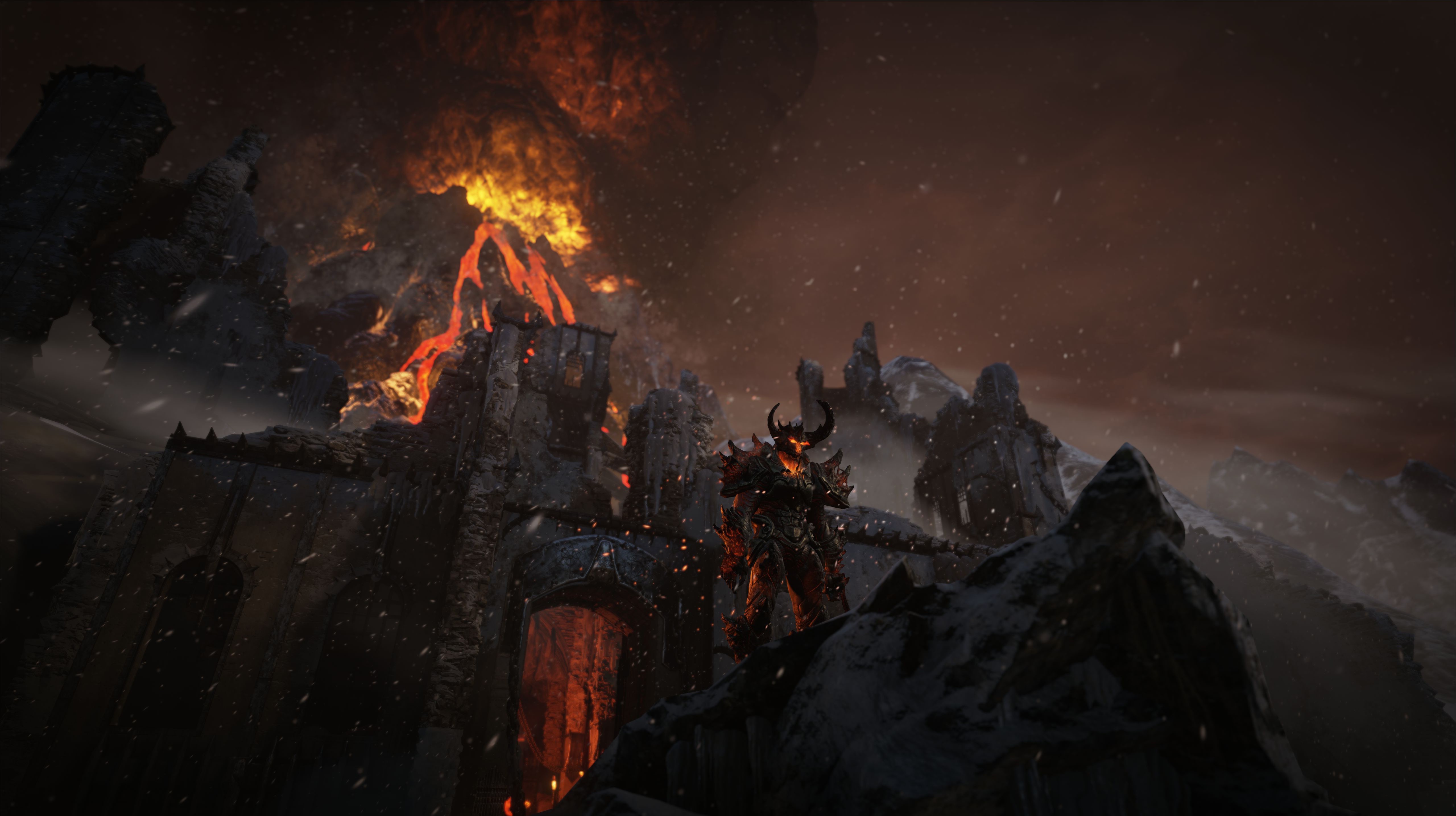 Demon in a volcanic fortress with snow HD Wallpaper
