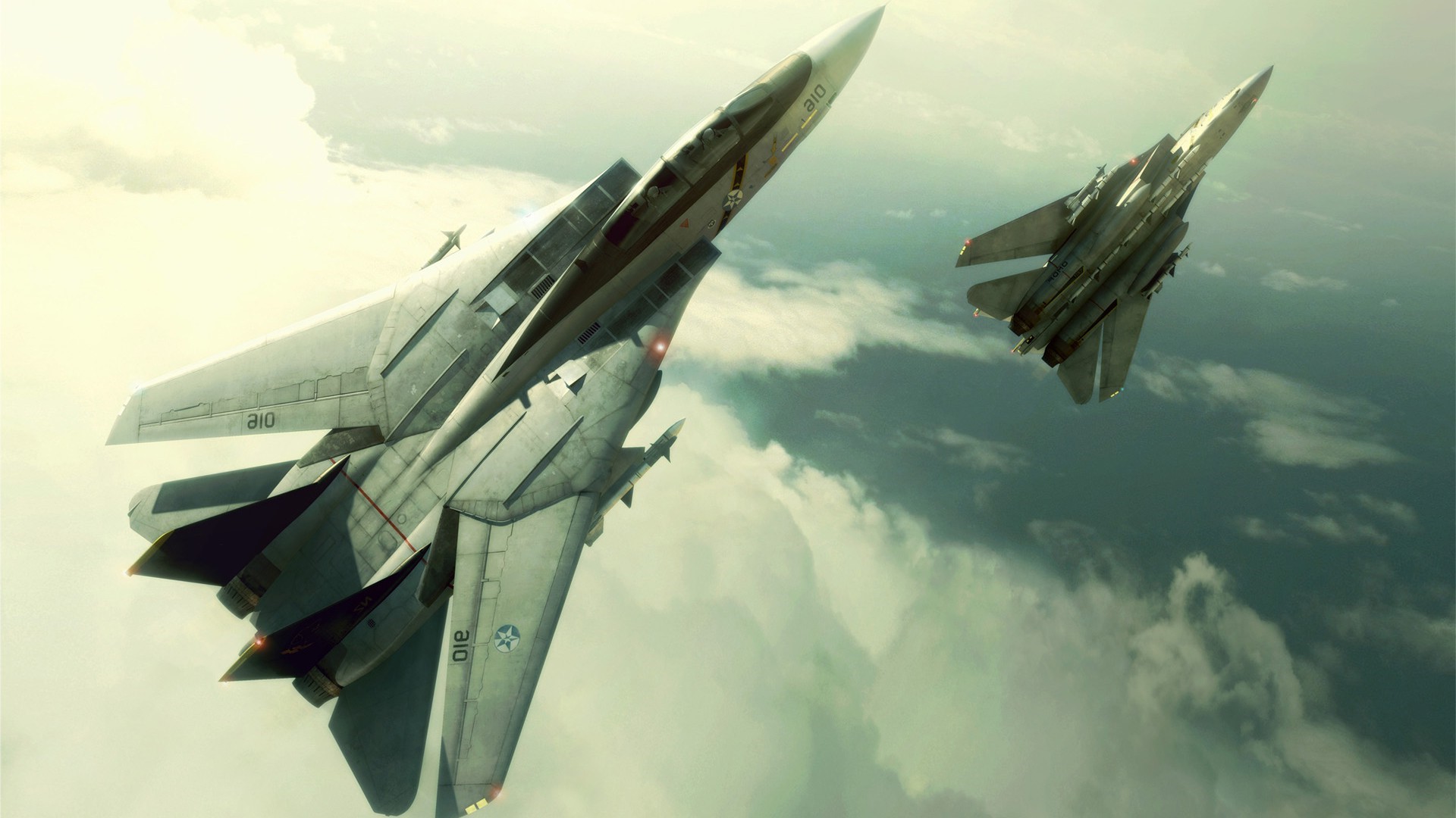 Two F-14 Tomcat fighter jets flying in clouds HD Wallpaper
