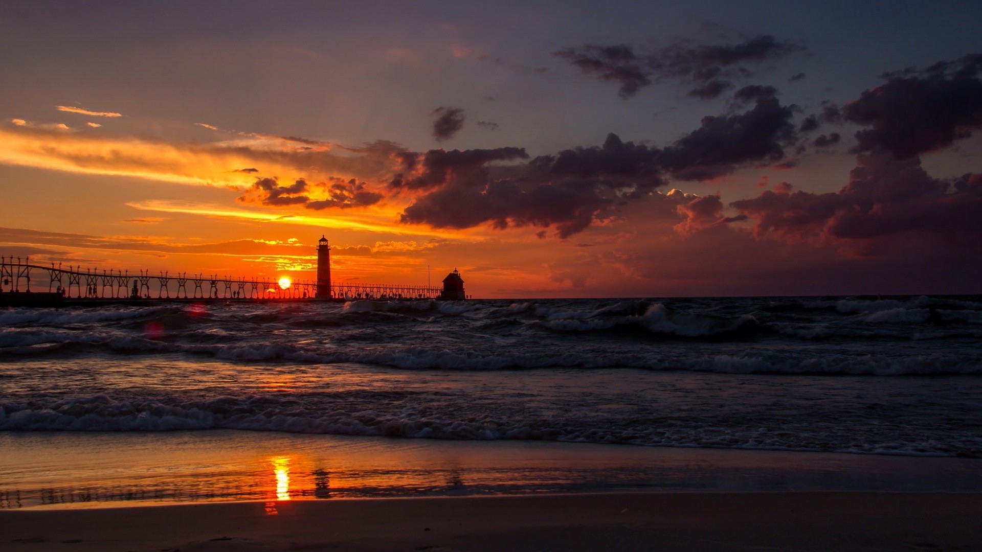 Sunset Over Michigan Lighthouse and Pier HD Wallpaper