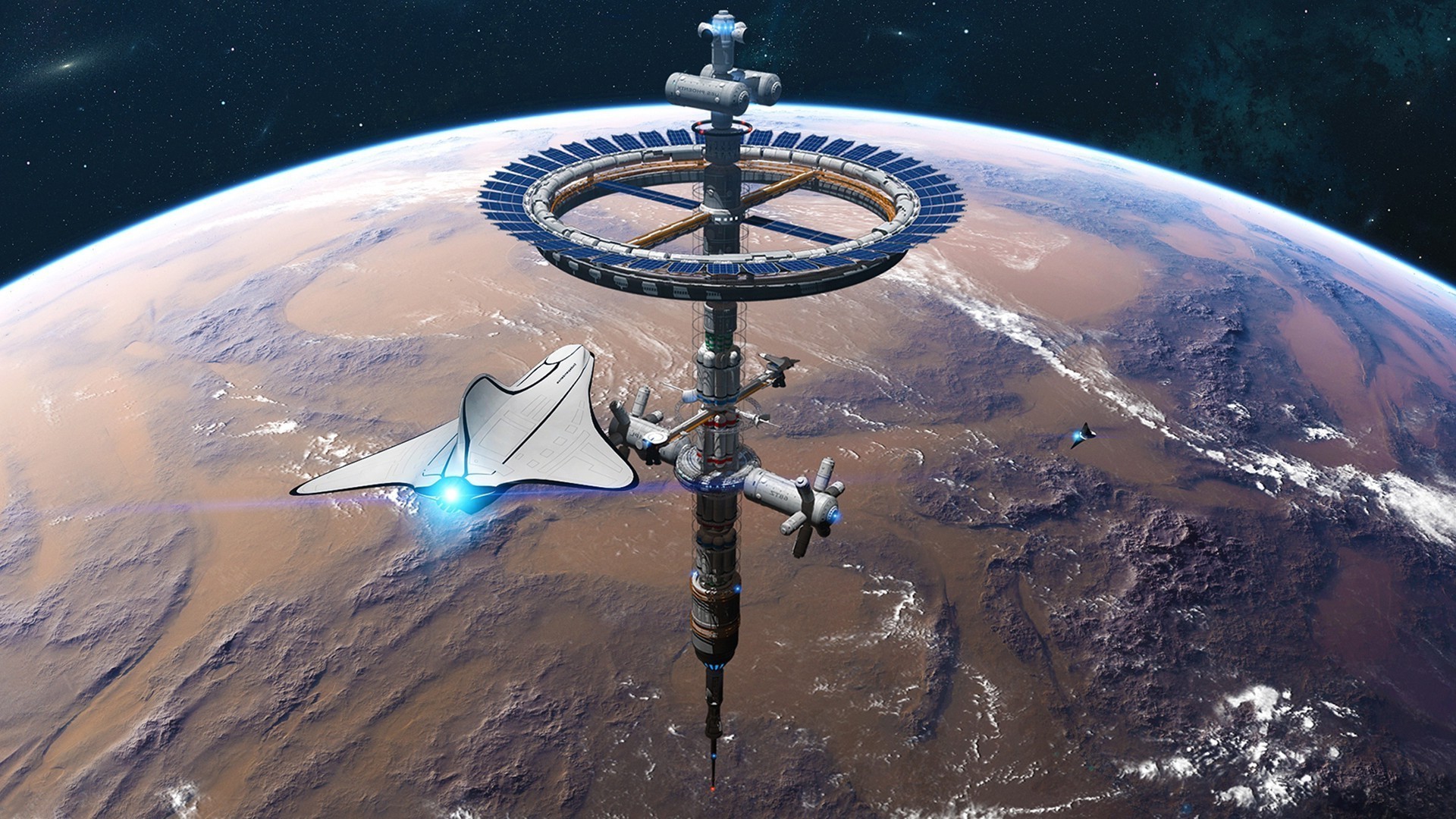 Space shuttle approaching a space station above Earth HD Wallpaper
