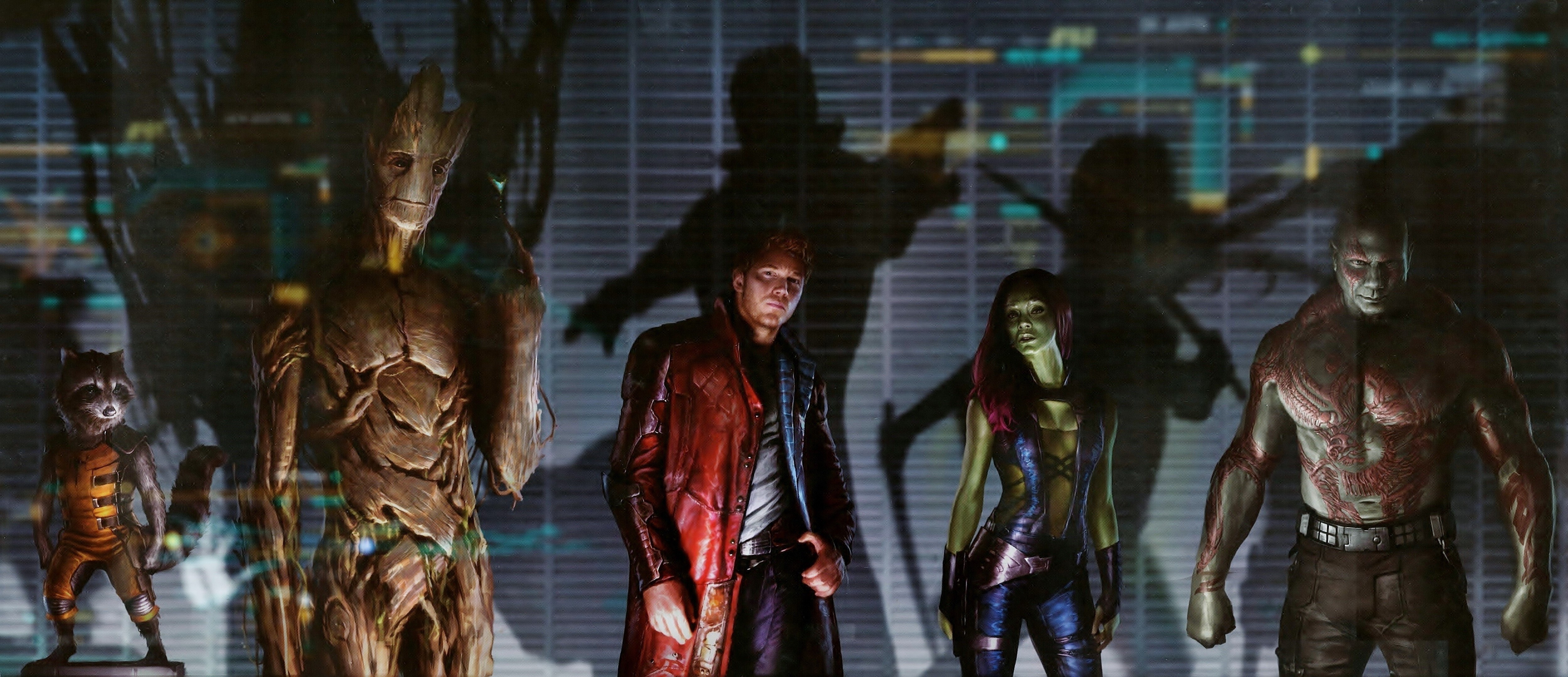 Guardians of the Galaxy characters Groot, Rocket, Star-Lord, Gamora, and Drax HD Wallpaper