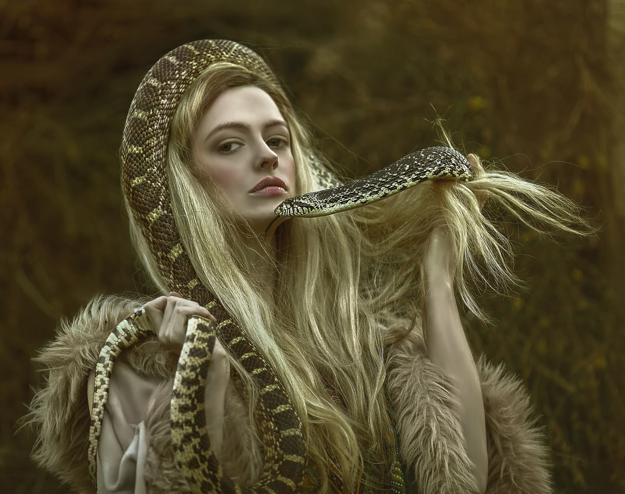 Woman with snake in fantasy art HD Wallpaper