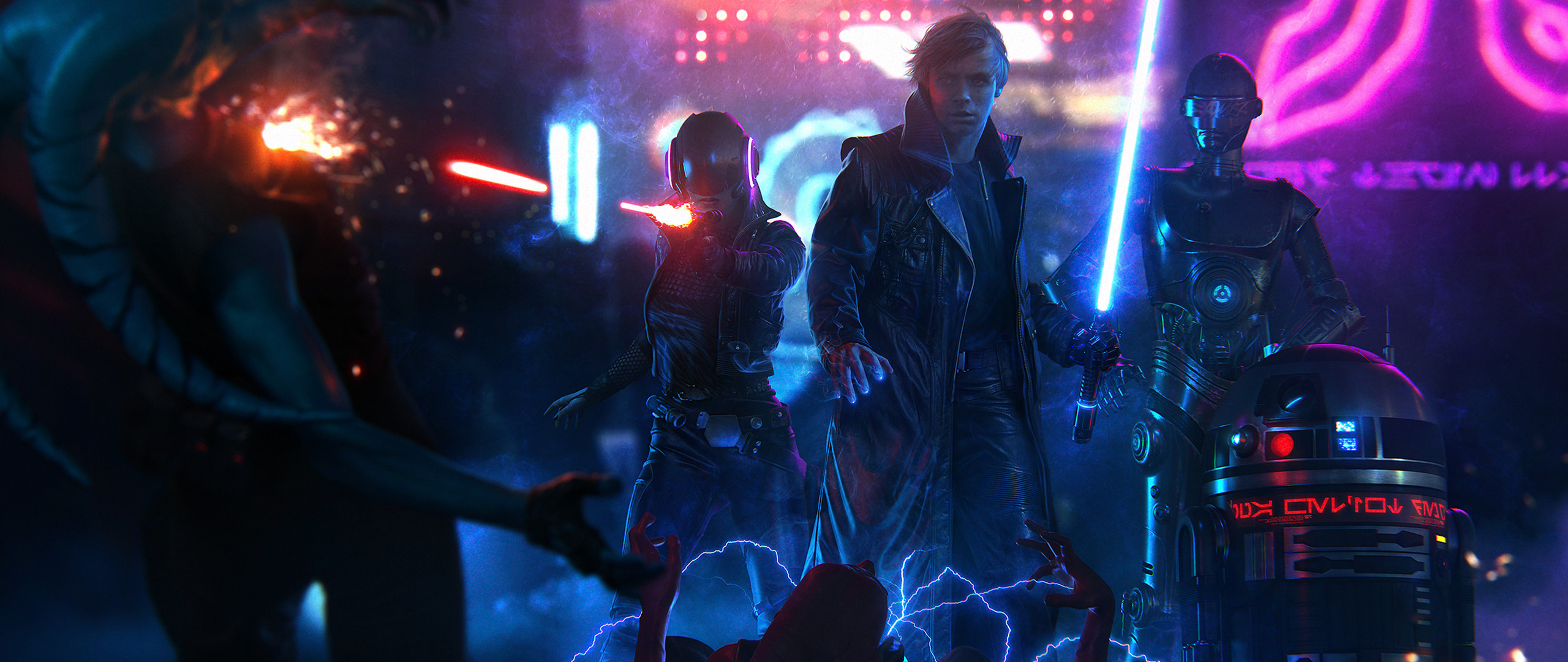 Luke Skywalker and companions in a cyberpunk Star Wars scene HD Wallpaper