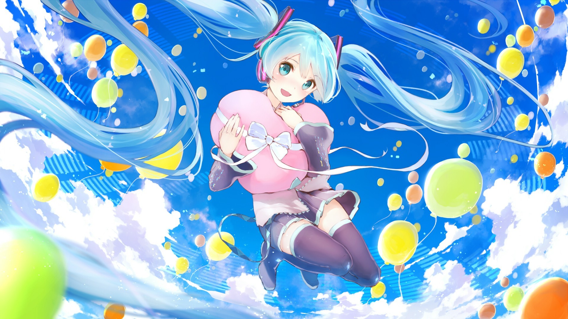 Hatsune Miku from Vocaloid holding a heart balloon HD Wallpaper