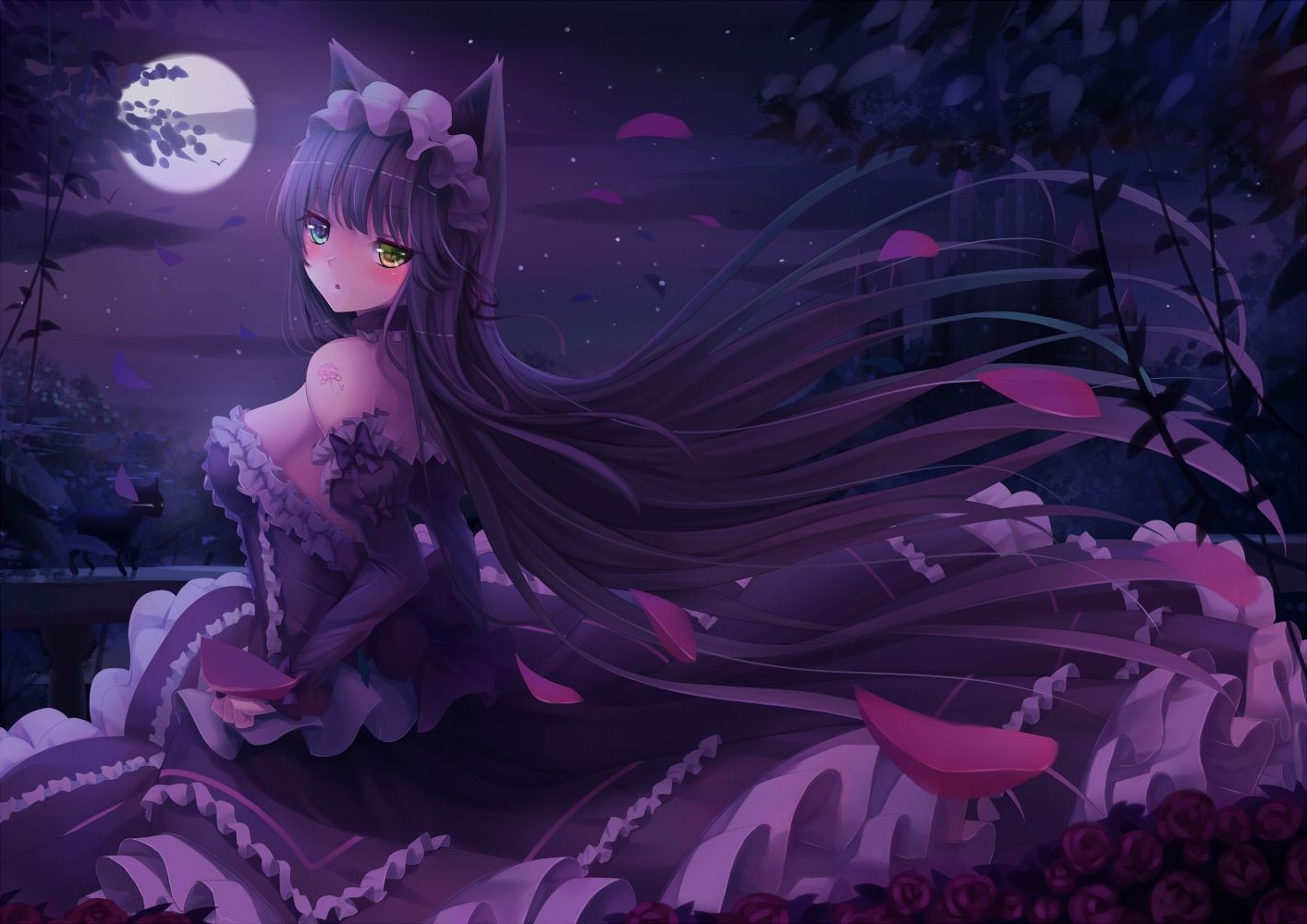 Anime girl with cat ears and heterochromia in a dark garden HD Wallpaper