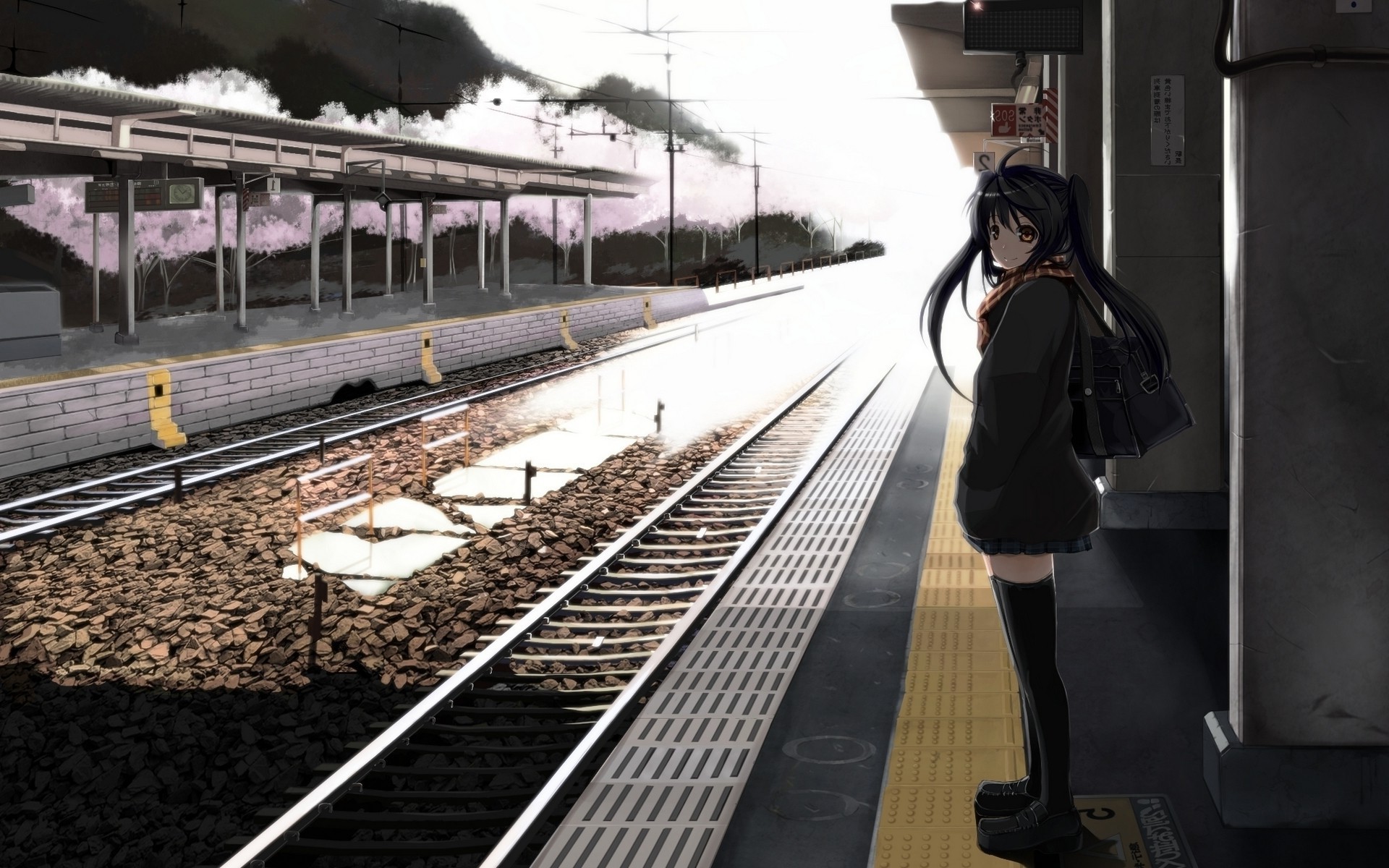 Anime Girl Waiting at a Train Station HD Wallpaper