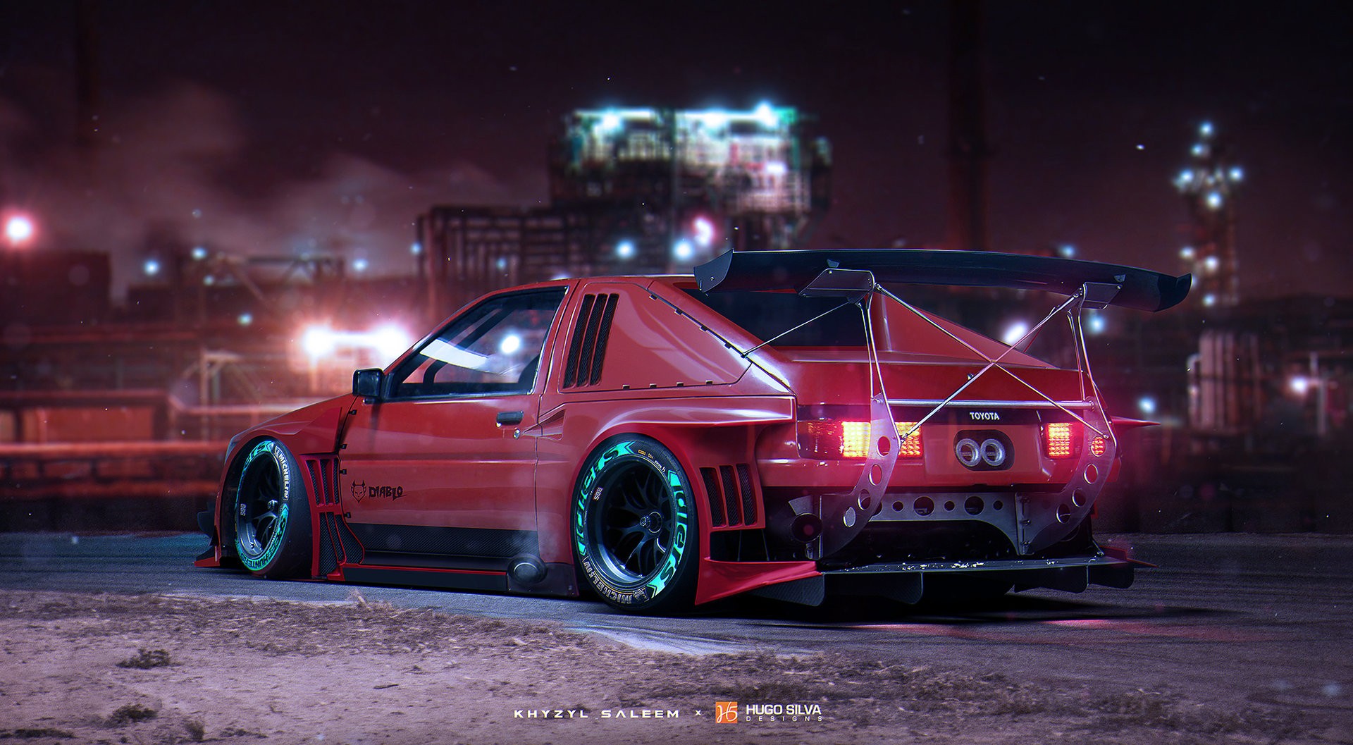Red Toyota AE86 with widebody kit and large spoiler HD Wallpaper