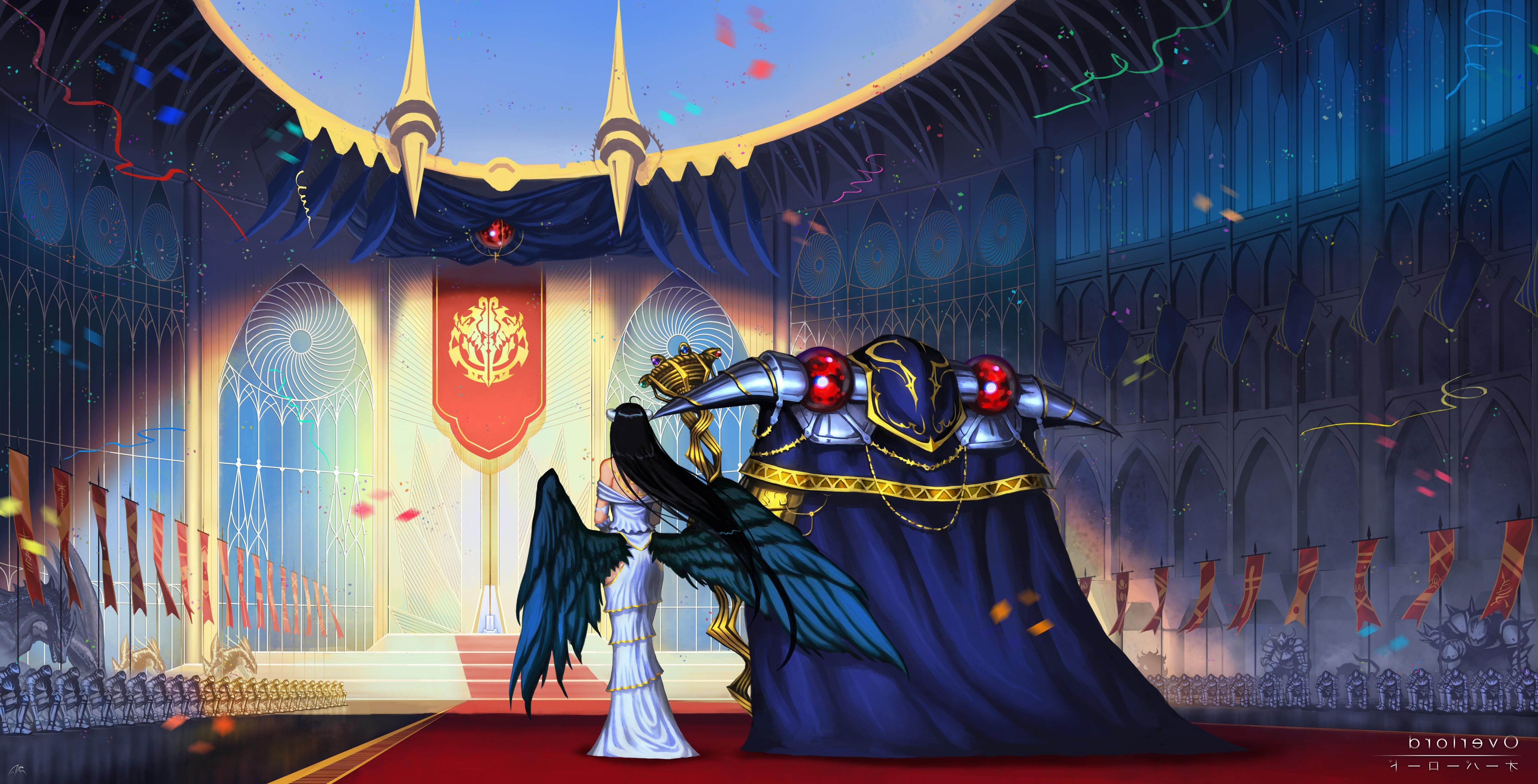 Albedo and Ainz Ooal Gown from Overlord in a throne room HD Wallpaper