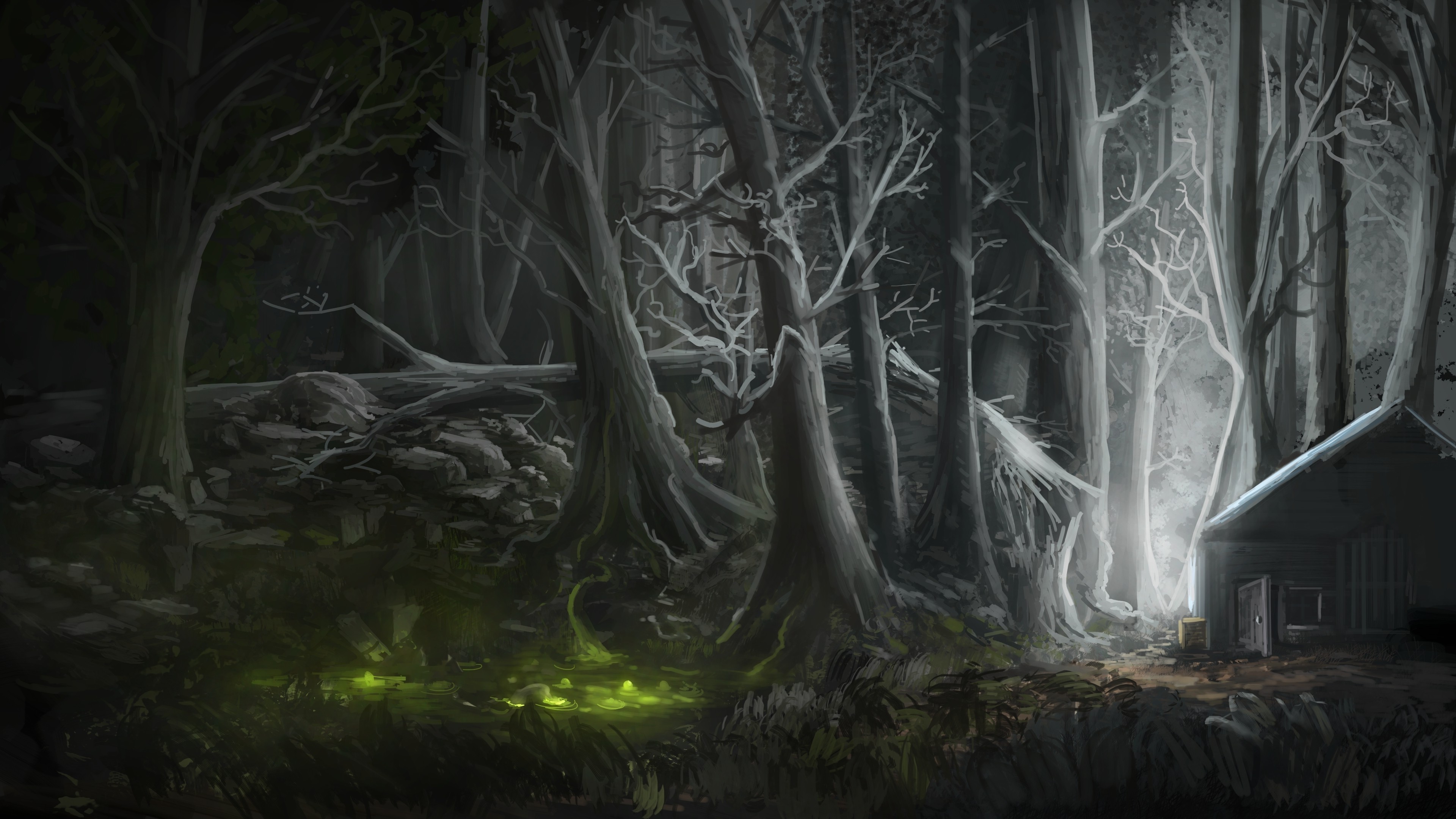 Fantasy forest with glowing mushrooms and a cabin HD Wallpaper