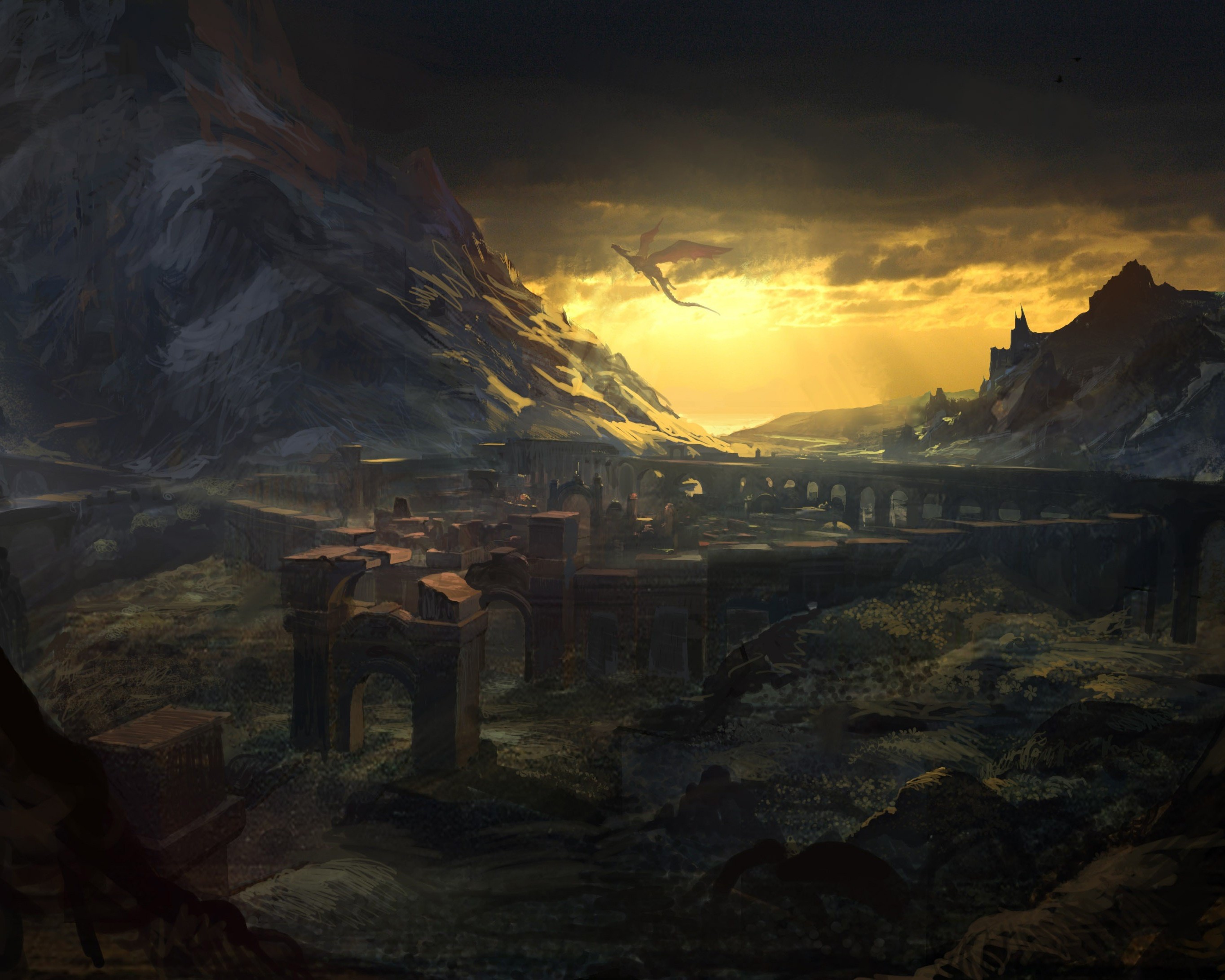 Fantasy art of a dragon flying over ancient ruins at sunset HD Wallpaper