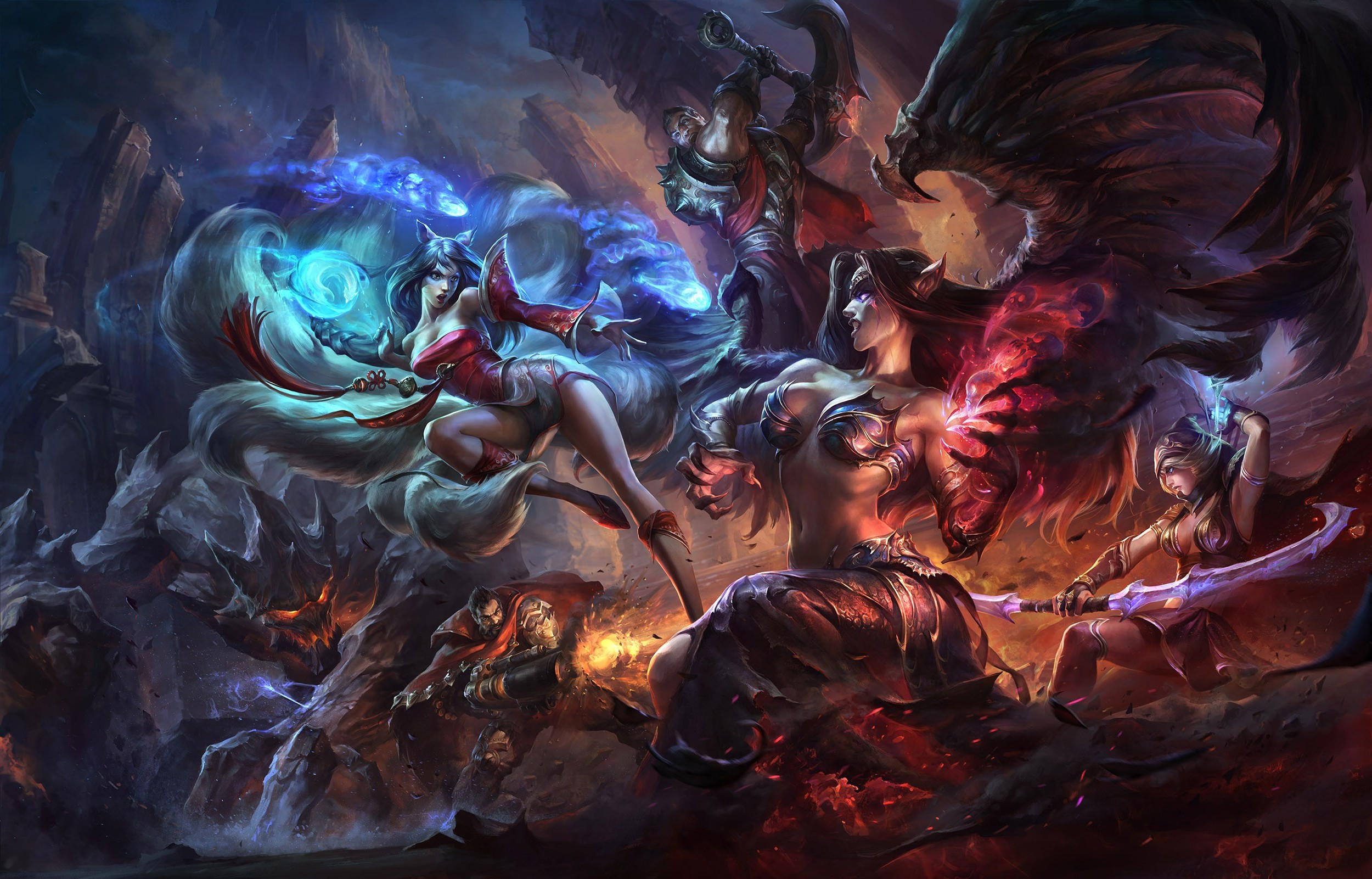 Ahri and other champions in a League of Legends battle HD Wallpaper