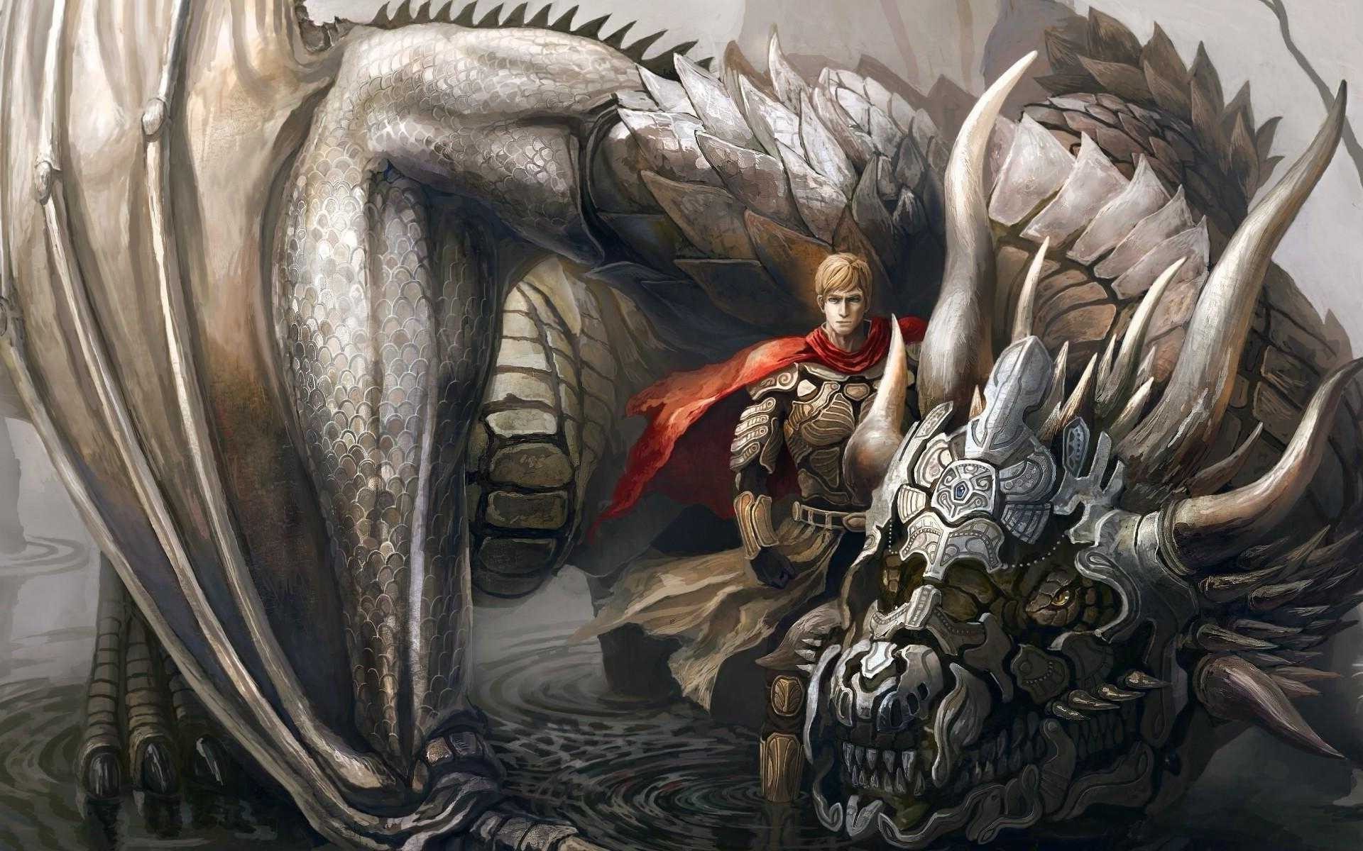 Fantasy art of a knight with a dragon HD Wallpaper