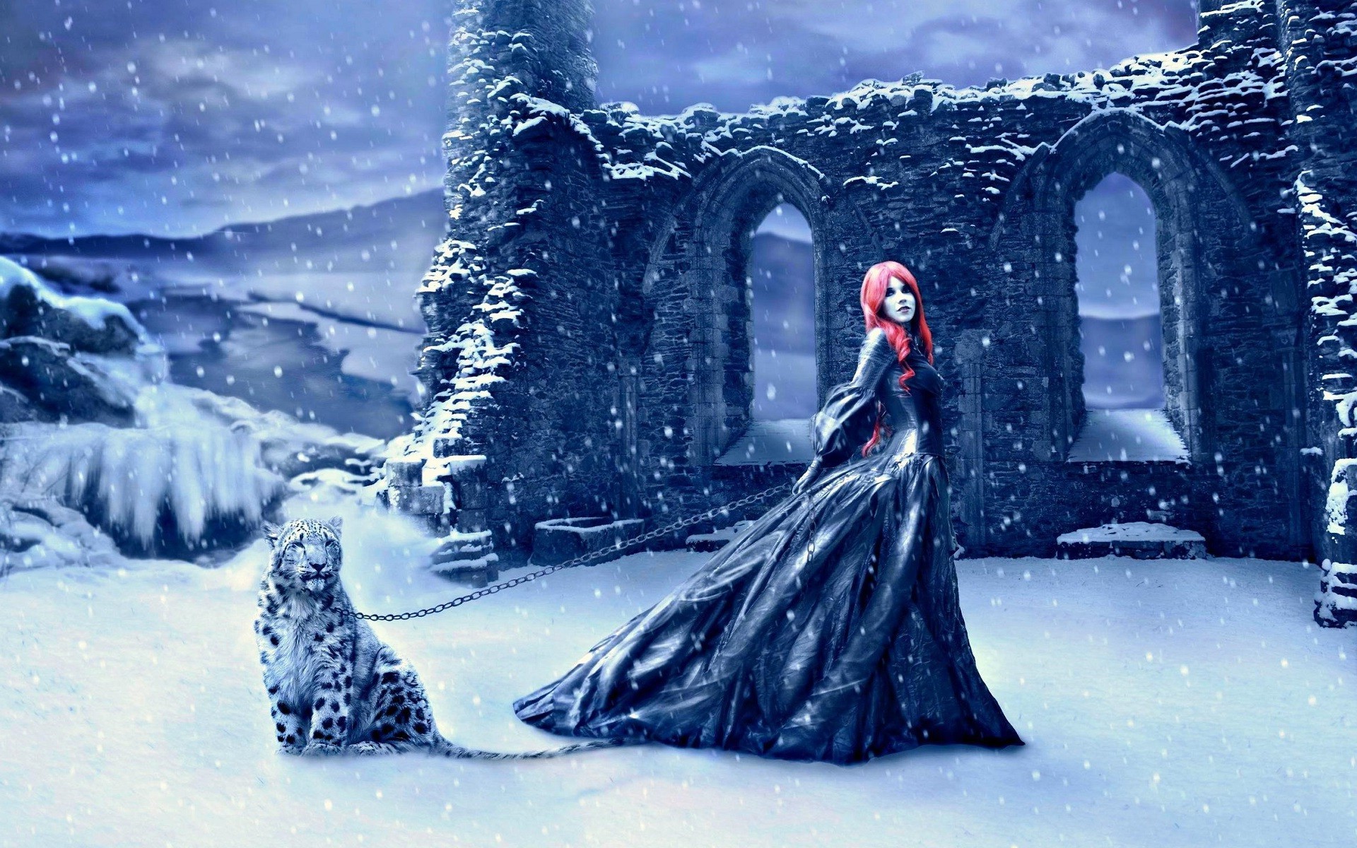 Woman with red hair and snow leopard in winter ruins HD Wallpaper
