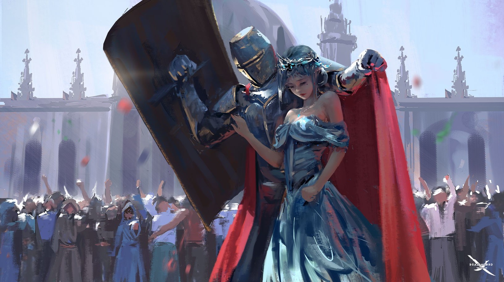 Knight with a woman in a blue dress HD Wallpaper