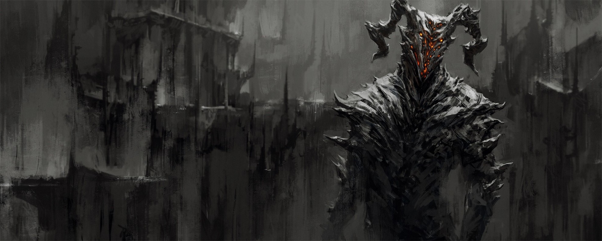 Dark demon creature with horns in a desolate landscape HD Wallpaper