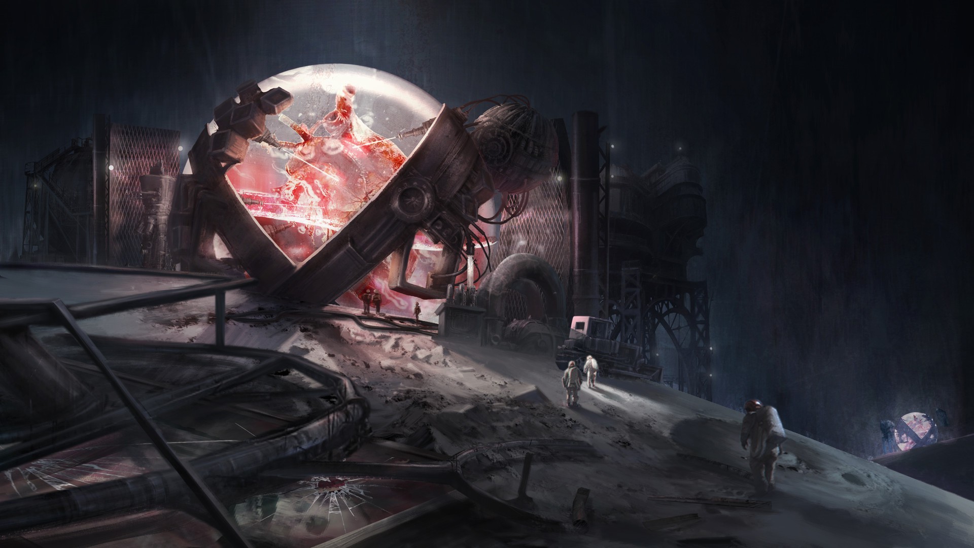 Futuristic science fiction scene with astronauts and damaged machinery HD Wallpaper