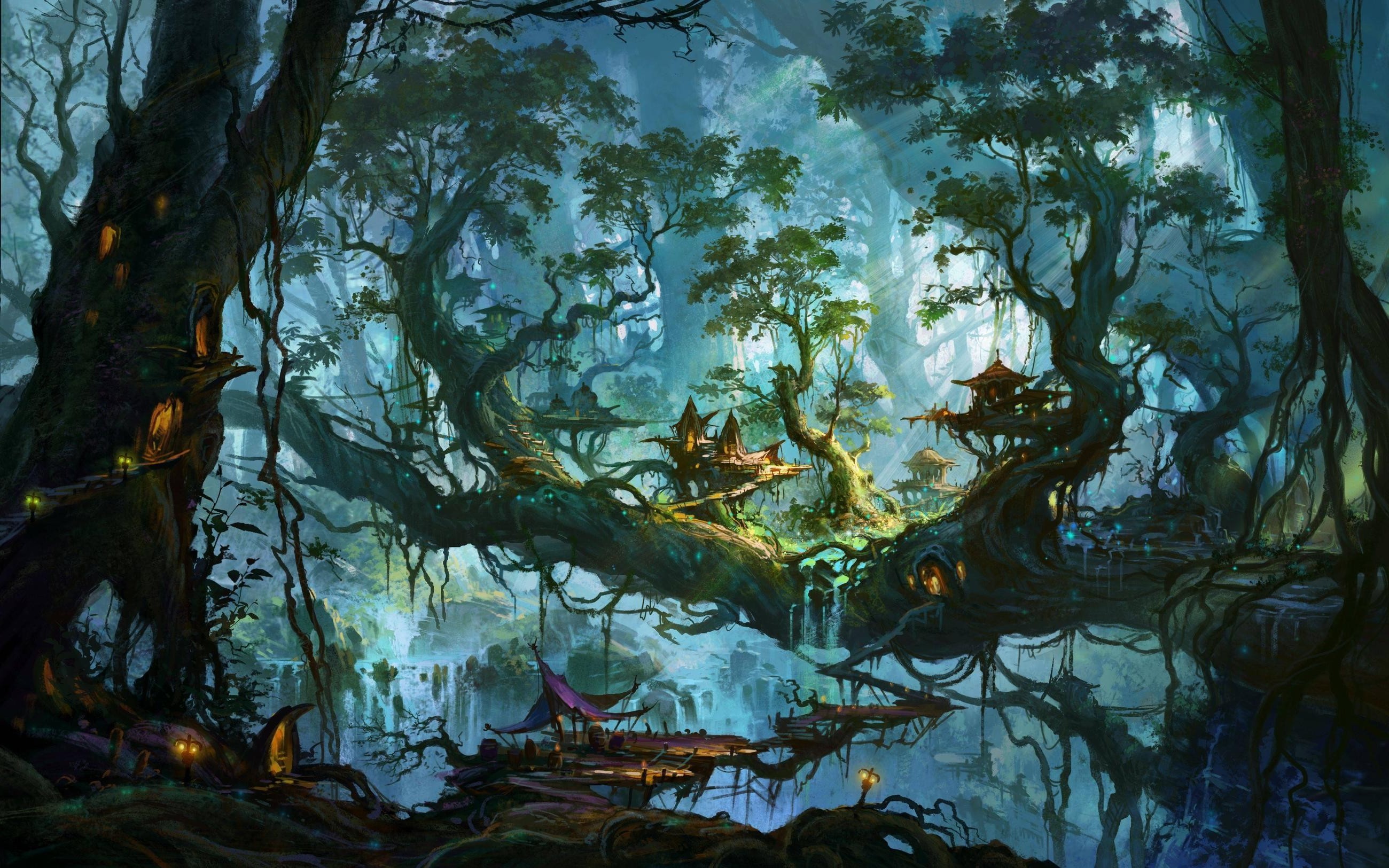 Fantasy forest with treehouses and waterfalls HD Wallpaper
