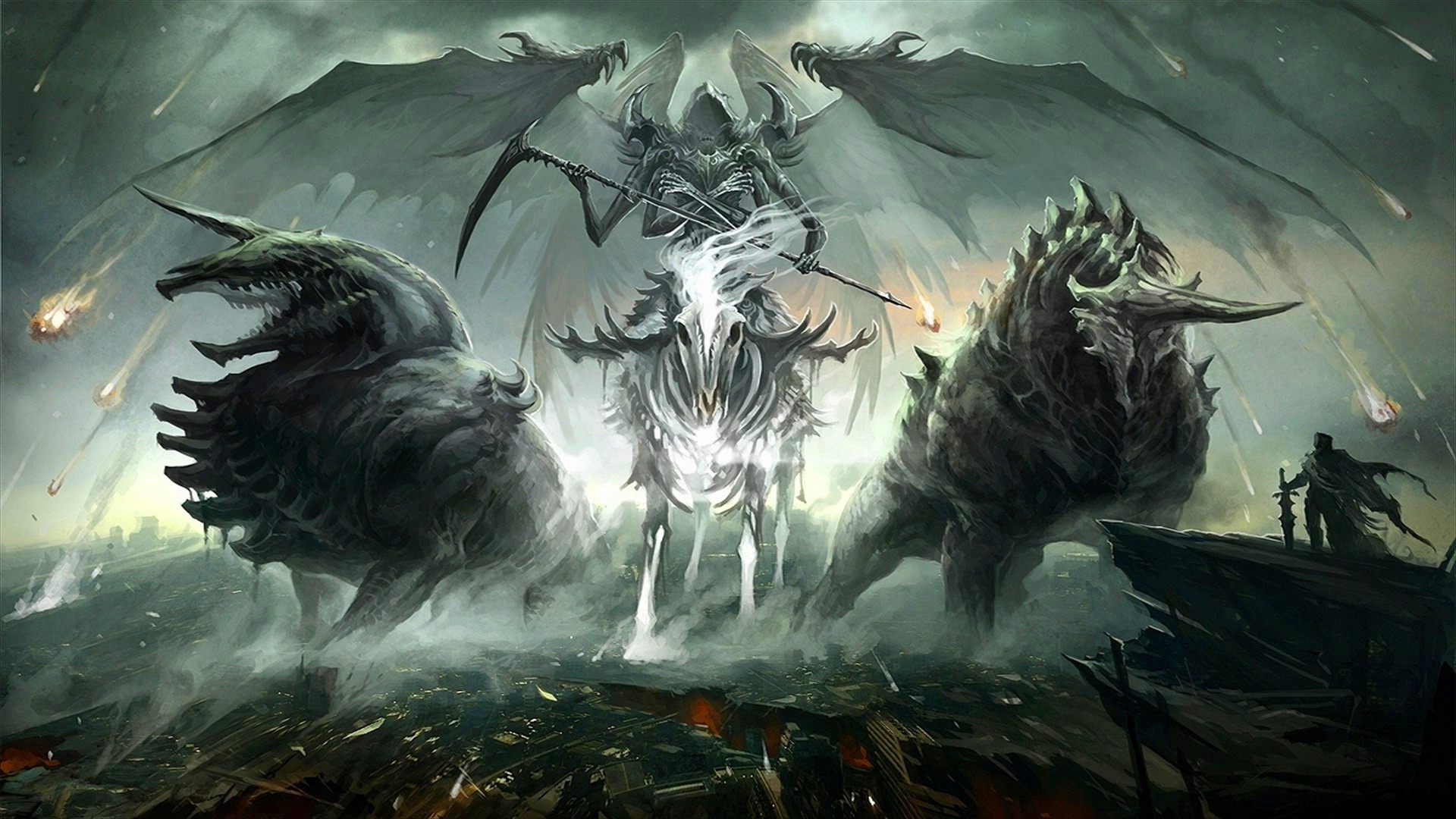 Four Horsemen of the Apocalypse in a destroyed city HD Wallpaper