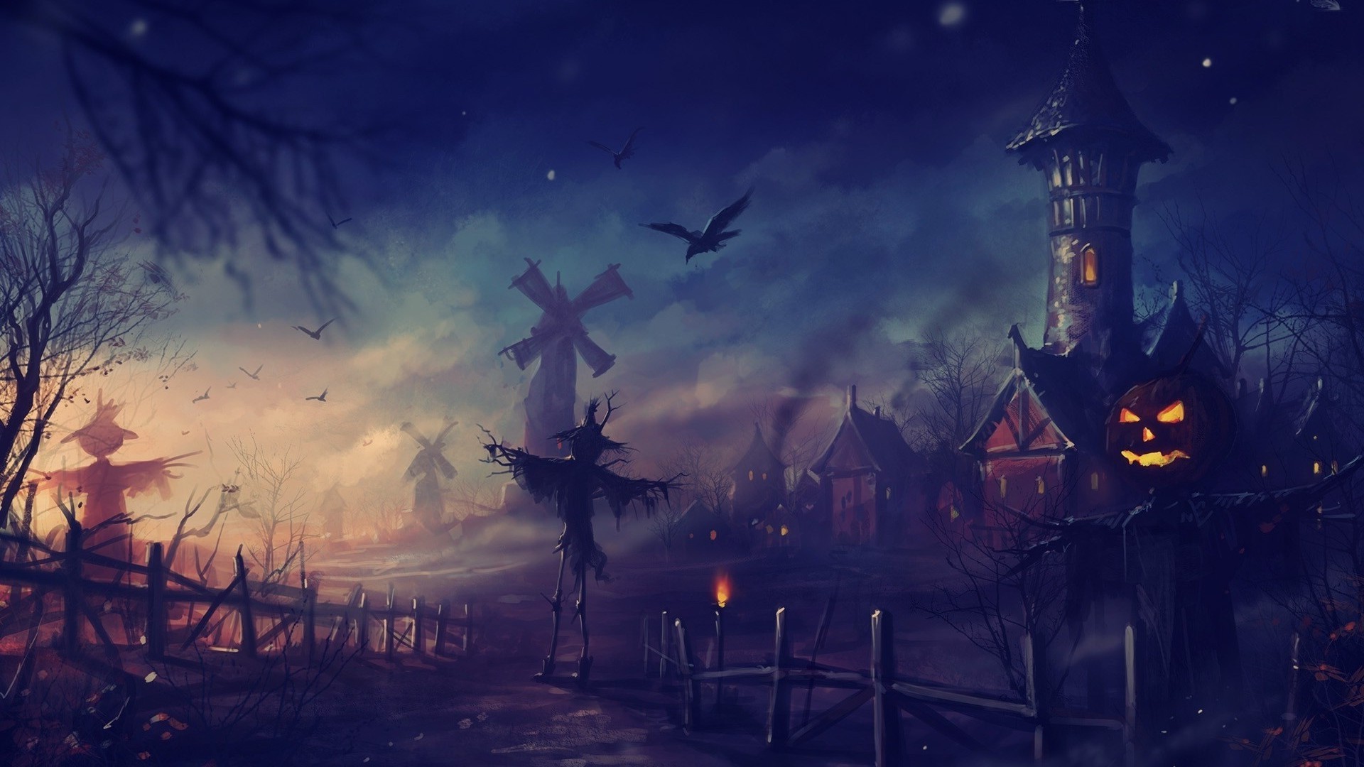 Halloween village with scarecrows and a haunted house HD Wallpaper