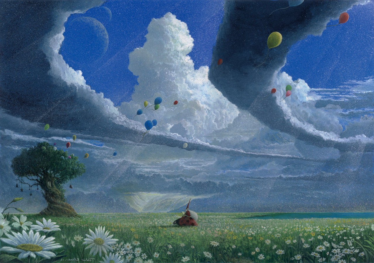 Fantasy landscape with balloons and a wizard HD Wallpaper